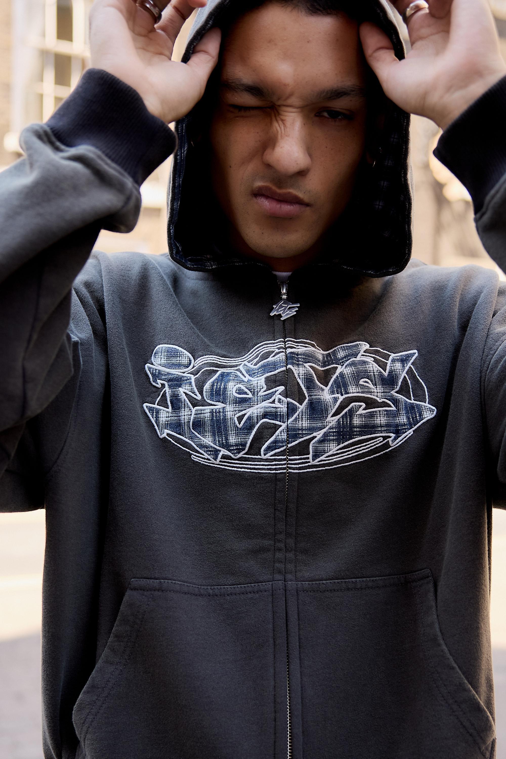 Black iets frans... Washed Black Check Appliquأ&cedil;آ&pound;أ&sbquo;آ&copy; Zip-Through Hoodie, BLK, large image number 1