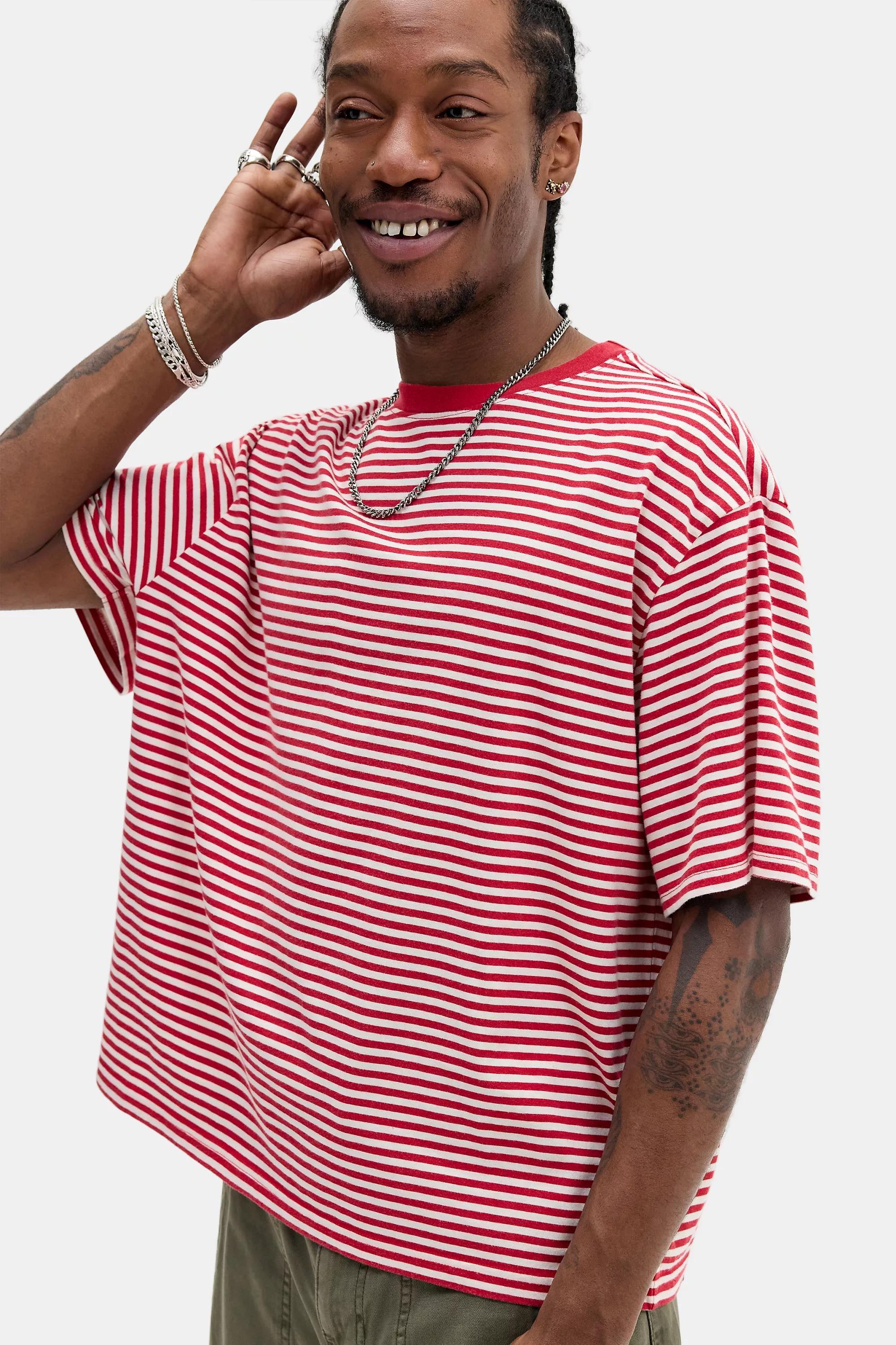 Red Bdg Striped Short Sleeve T-Shirt, WINE, medium