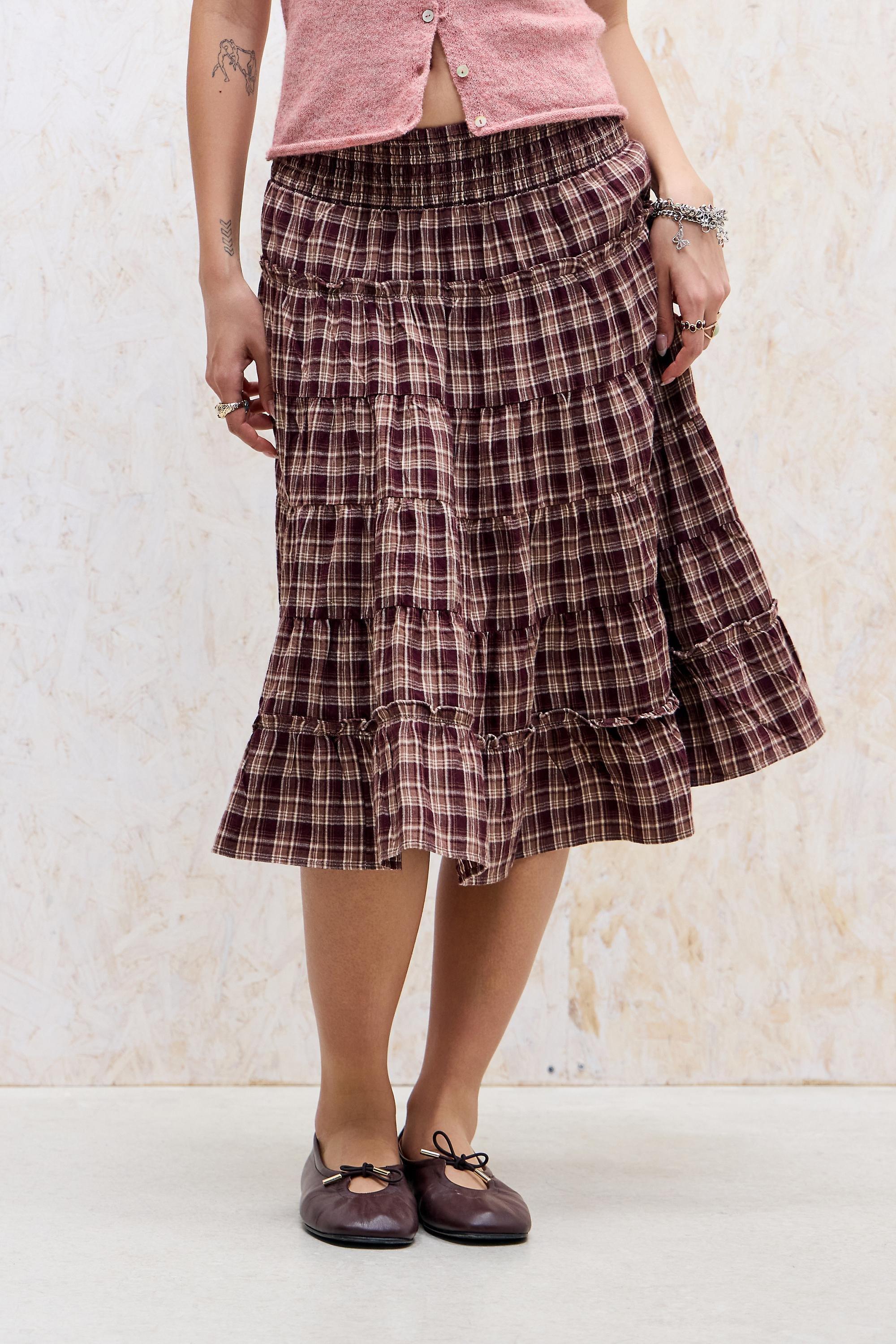 Kimchi Blue Ella Check Prairie Midi Skirt, BRN MOTIF, large image number 0