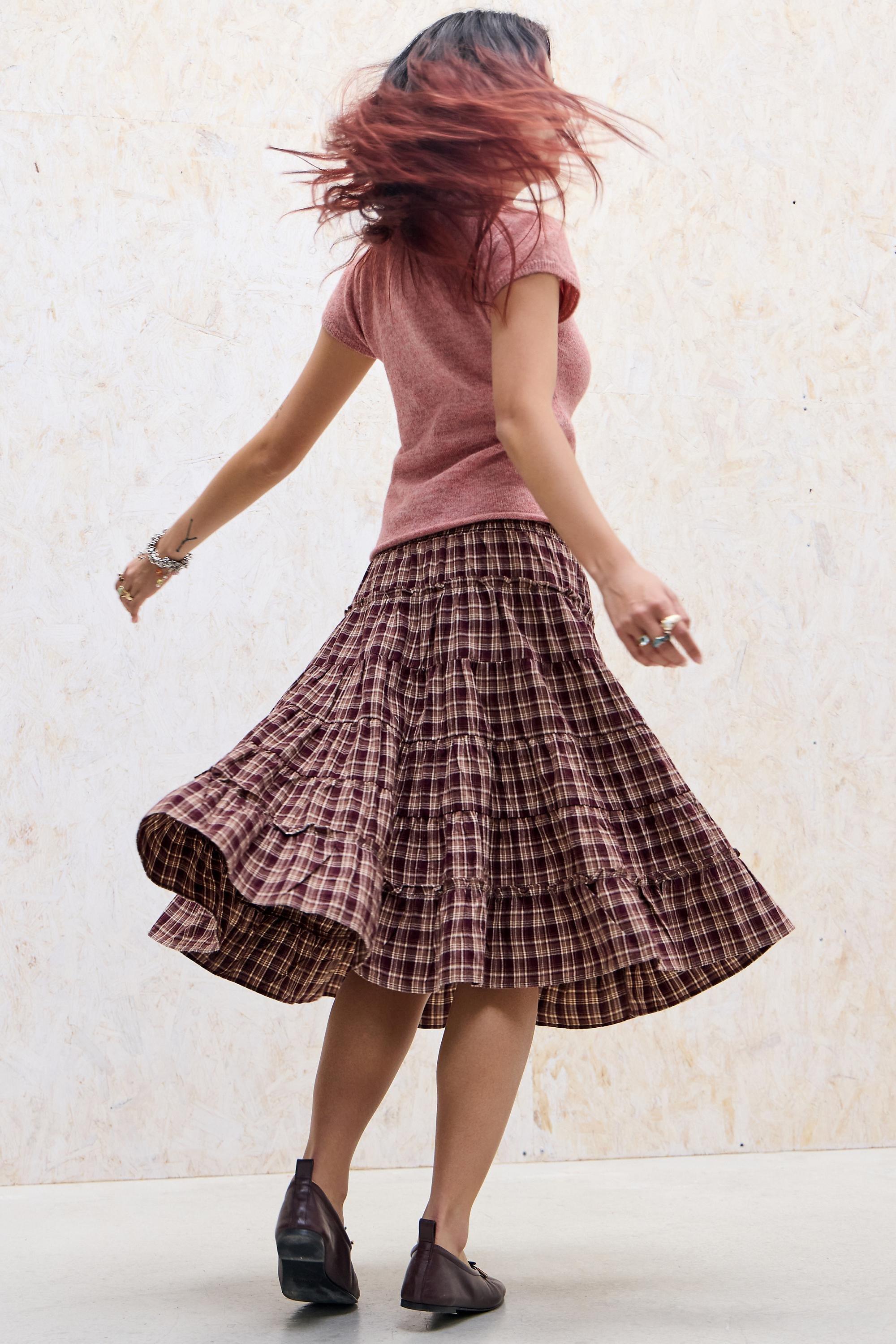 Kimchi Blue Ella Check Prairie Midi Skirt, BRN MOTIF, medium