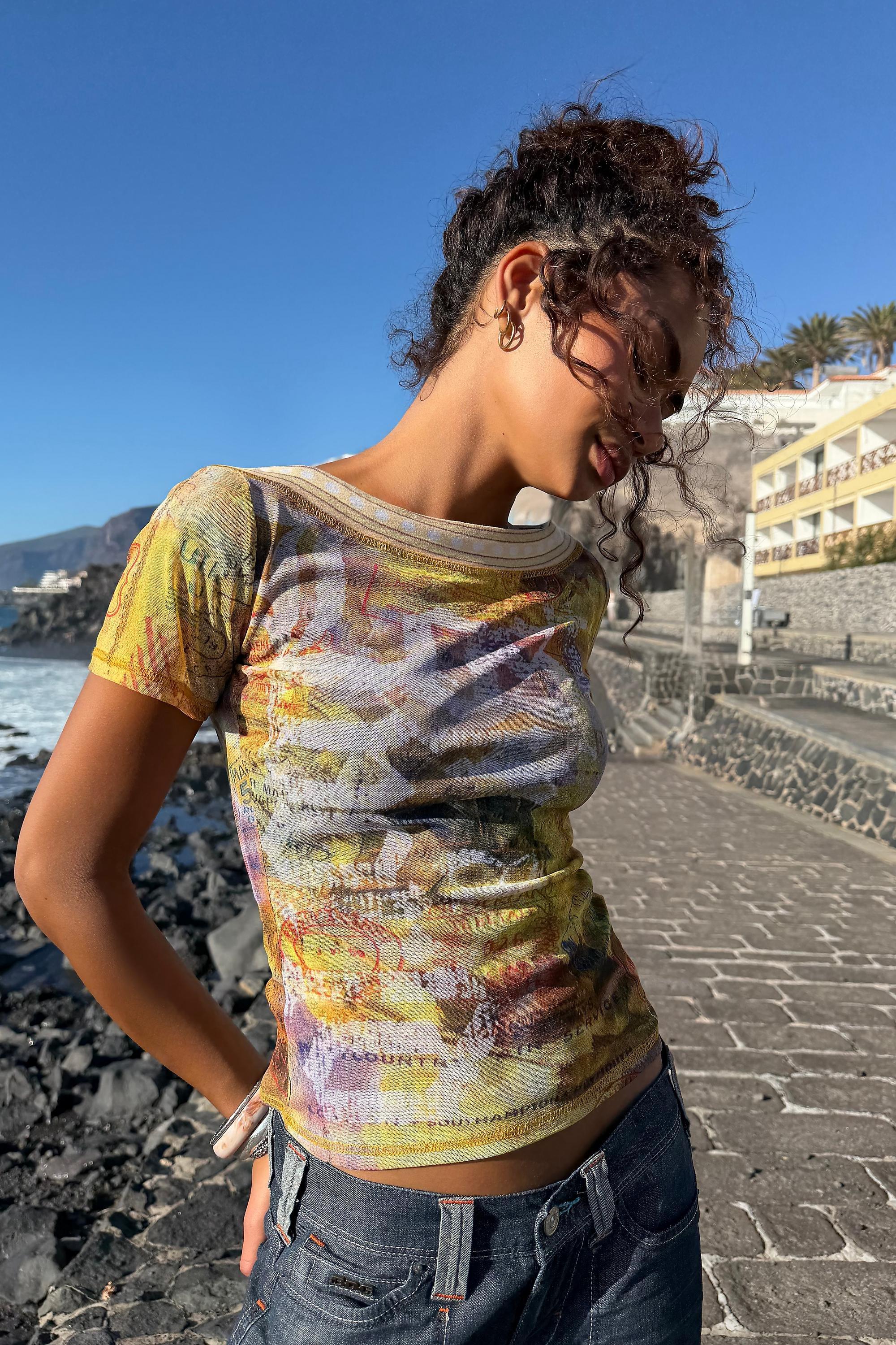 YELLOW UO Vick Archive Stamp Off Shoulder T-Shirt, YEL, medium