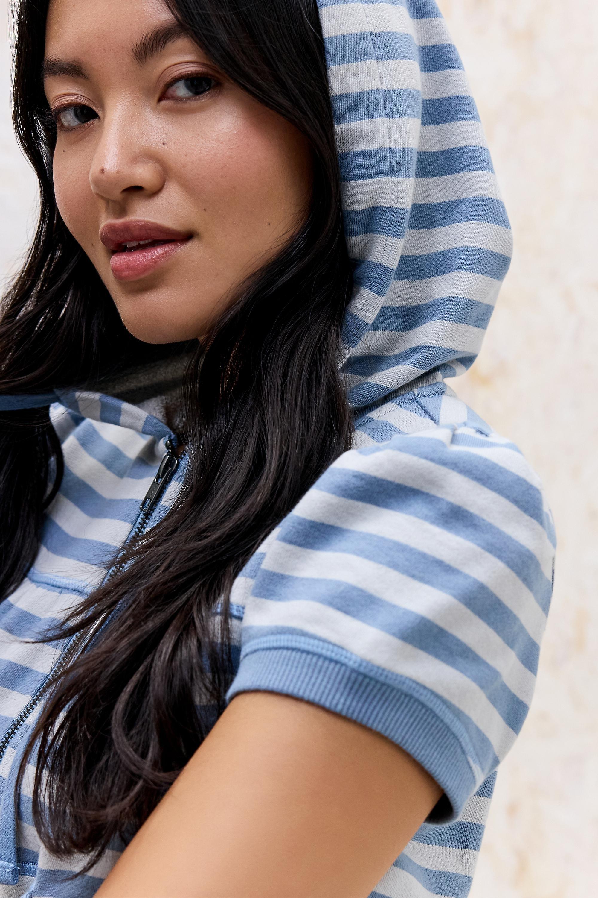 BLUE UO Lotta Stripe Fitted Short Sleeve Hoodie, BLUE, medium