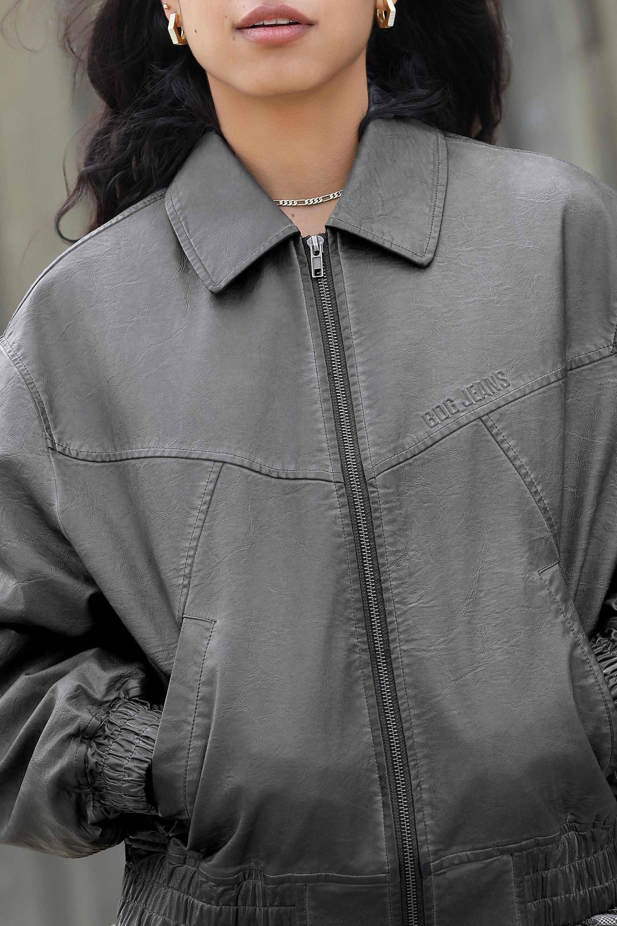 Grey Giacca Bomber In Ecopelle Fern Bdg, GREY, medium