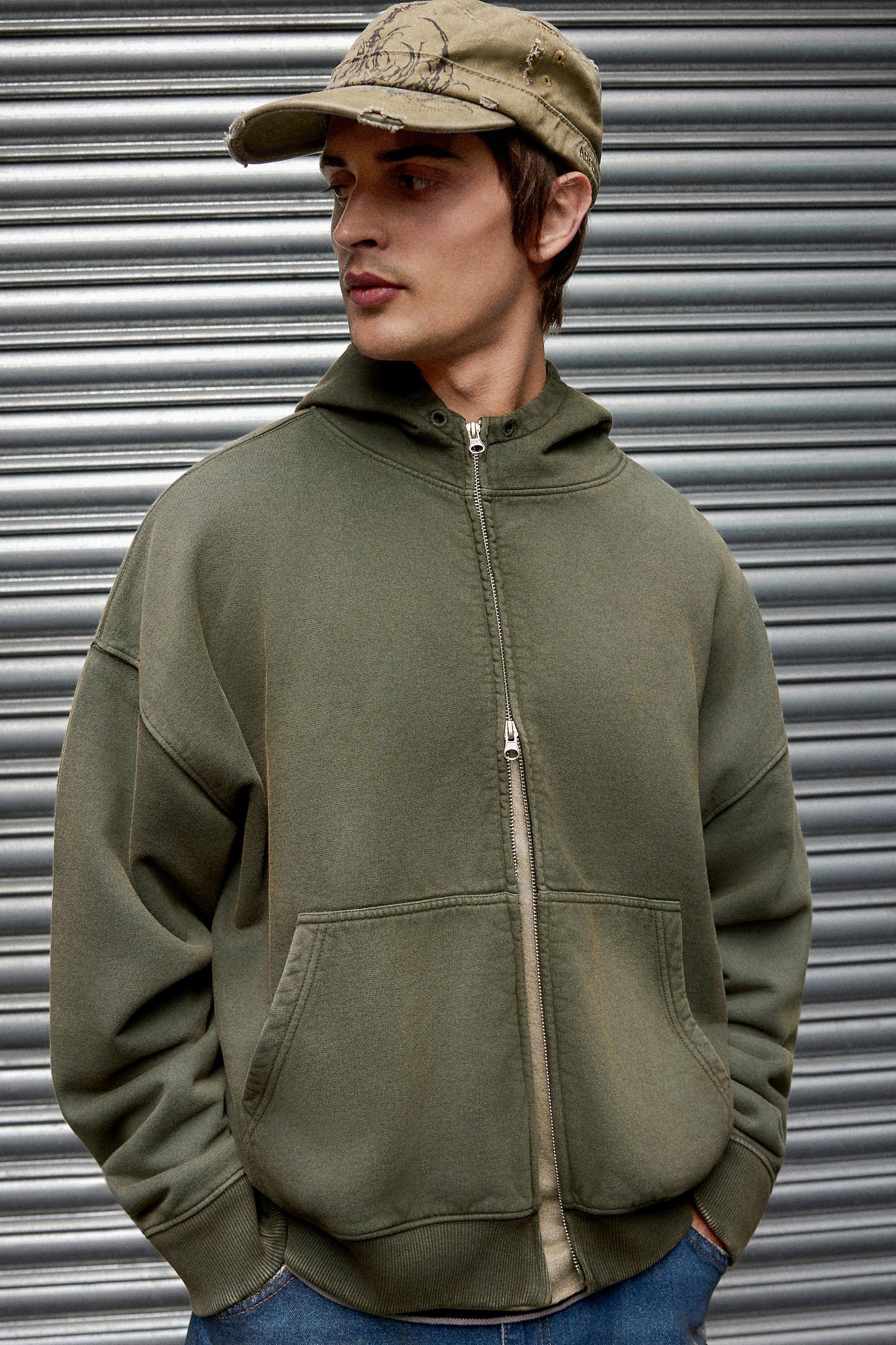 Archivis Waffle Lined Zip-Through Hoodie, Green, KHAKI, medium