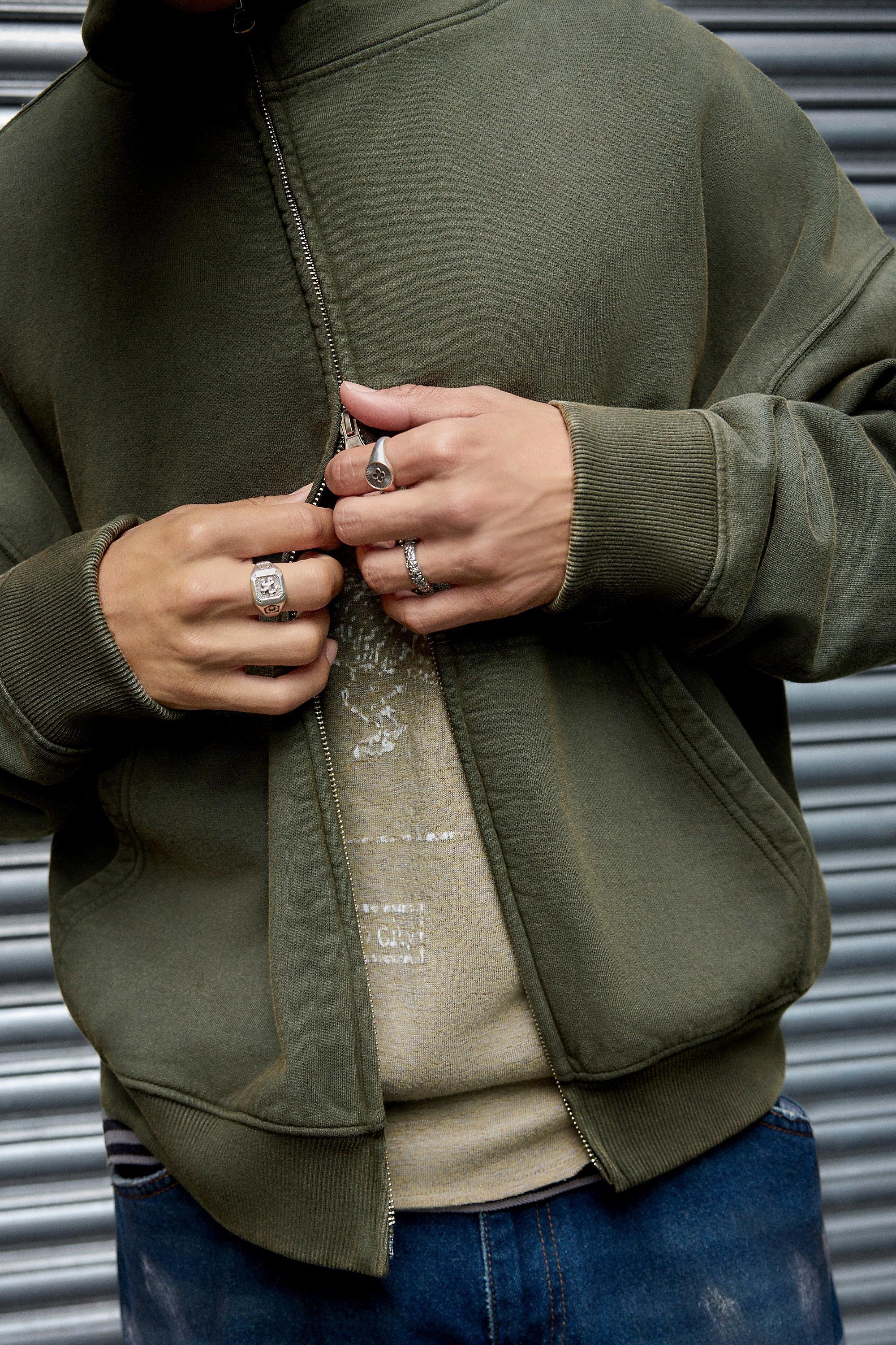 Archivis Waffle Lined Zip-Through Hoodie, Green, KHAKI, large image number 2