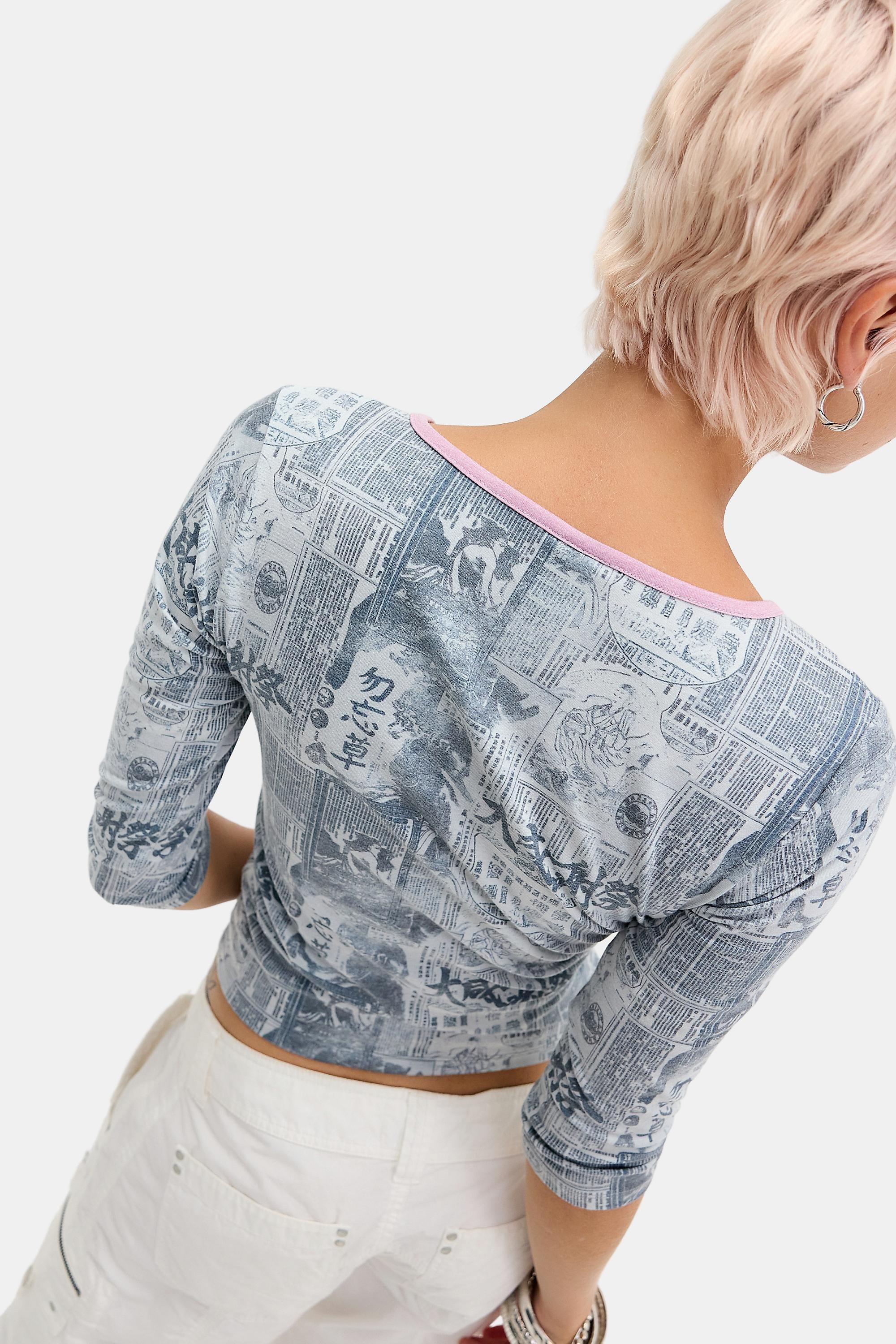 Grey Kimchi Blue Newspaper Fitted Wrap Top, GREY, large image number 3