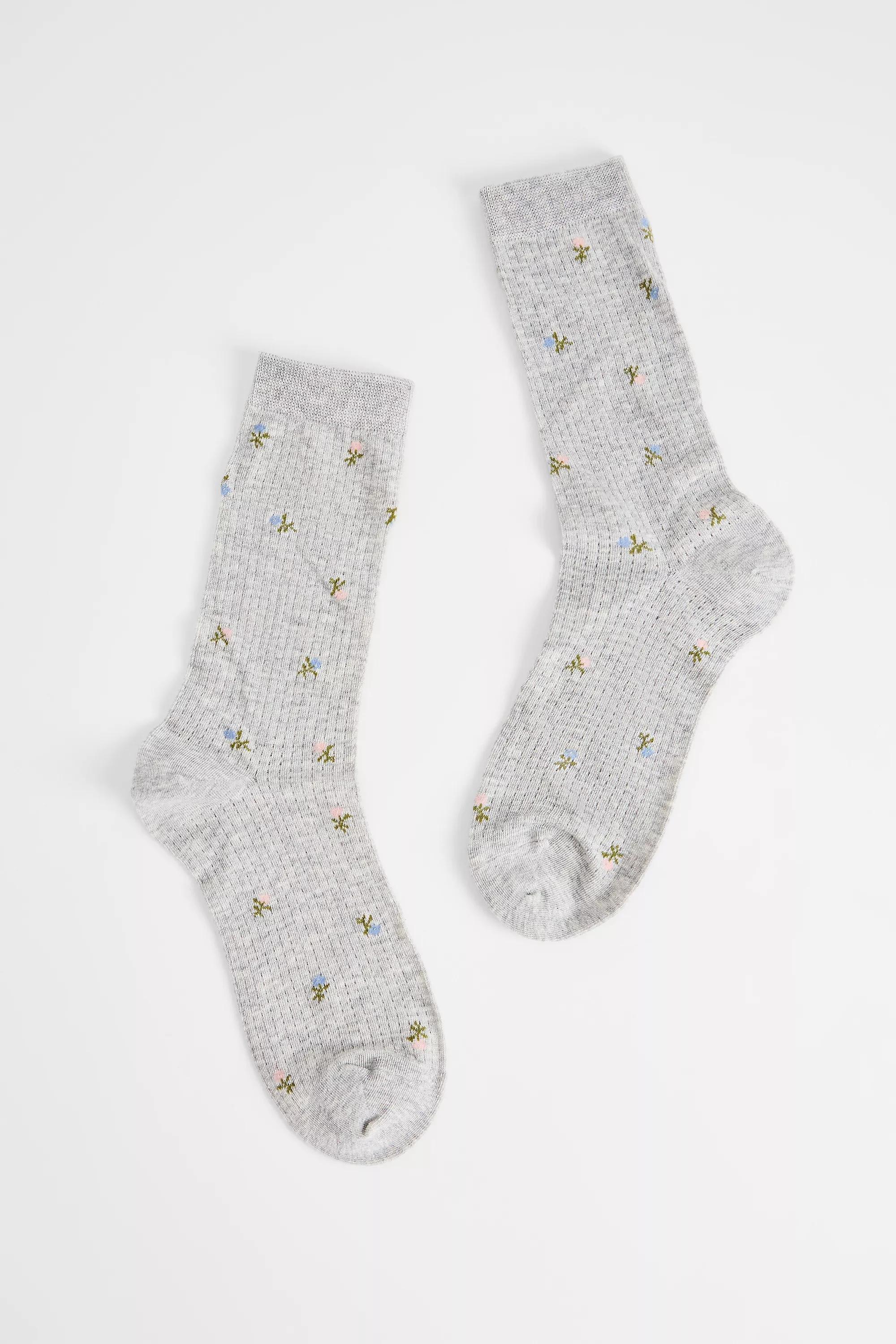 Grey Out From Under Floral Embroidered Socks, GREY, medium