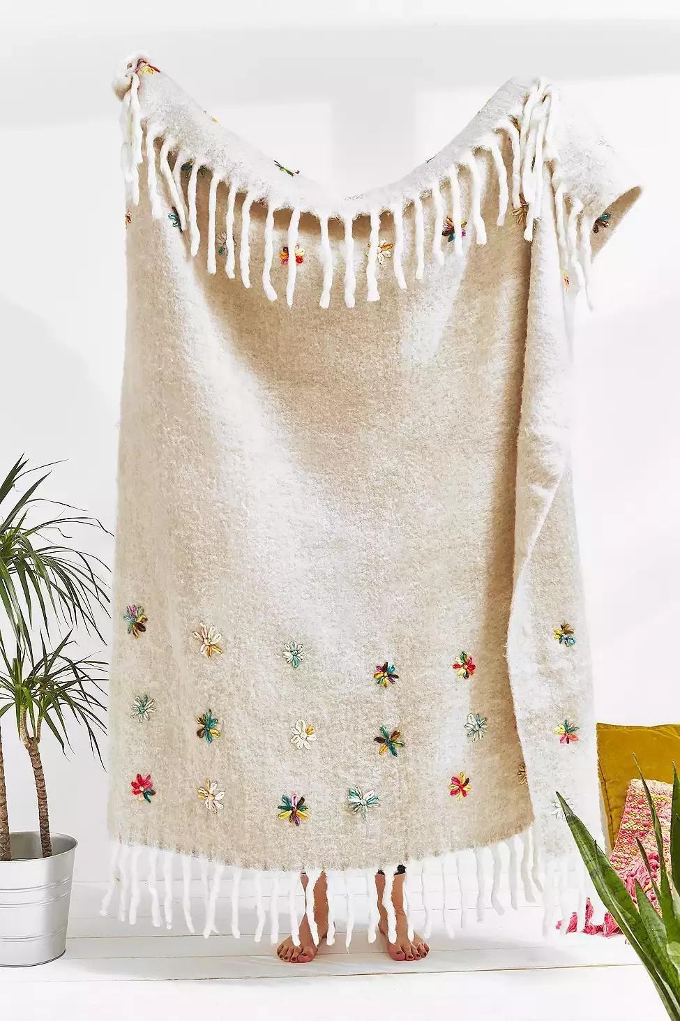 Grey Embellished Flower Throw Blanket, , large image number 0