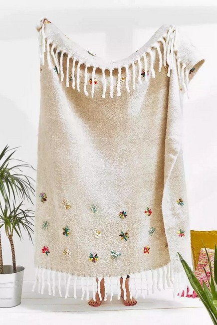 Urban Outfitters - Grey Embellished Flower Throw Blanket