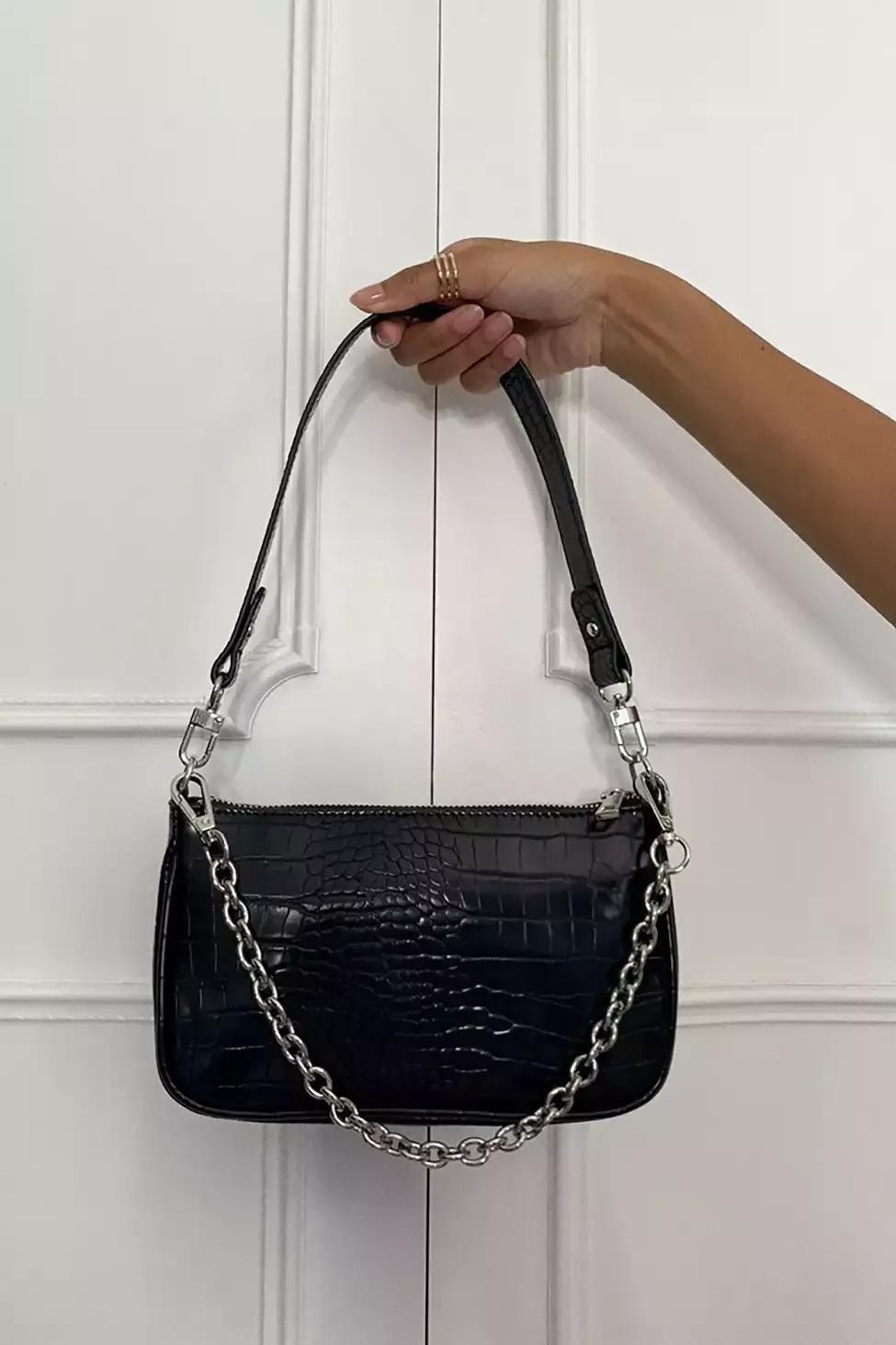 Black UO Chain Accent Croc Shoulder Bag, Women, , large image number 1