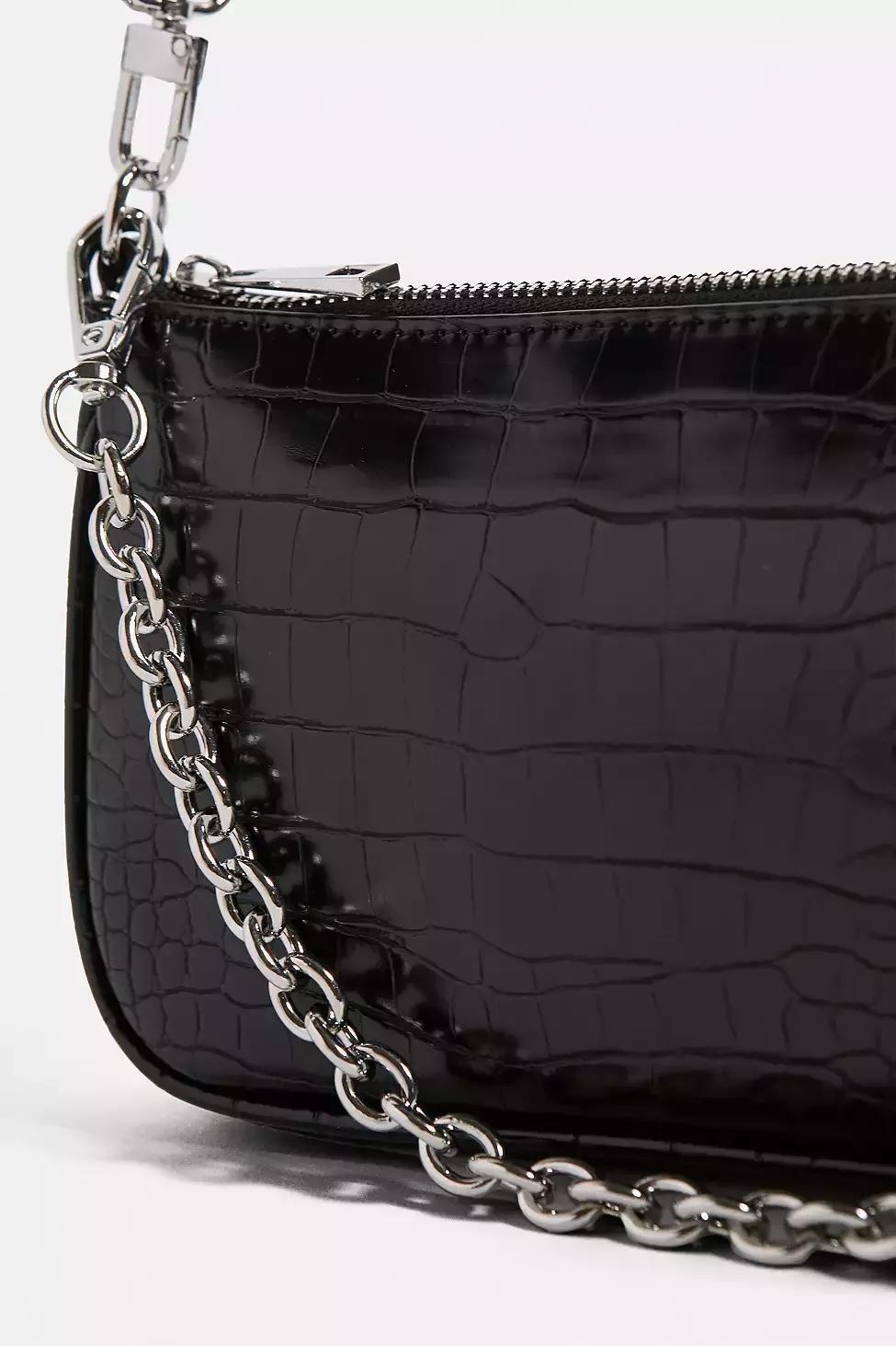 Black UO Chain Accent Croc Shoulder Bag, Women, , large image number 2