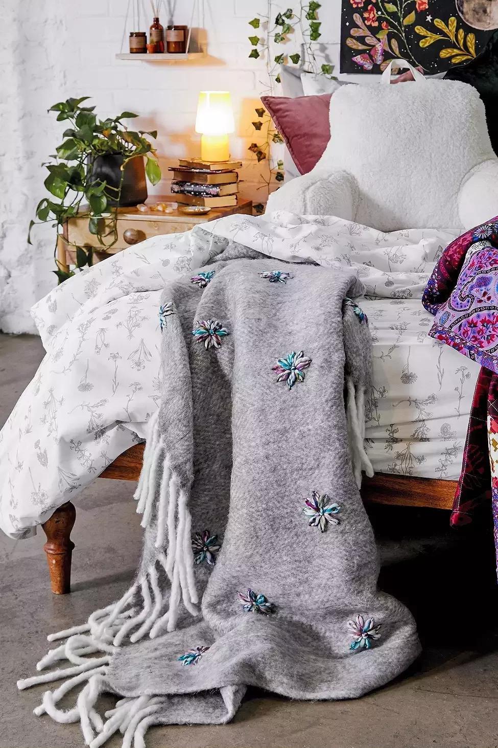 Embellished Grey Throw Blanket, , large image number 0
