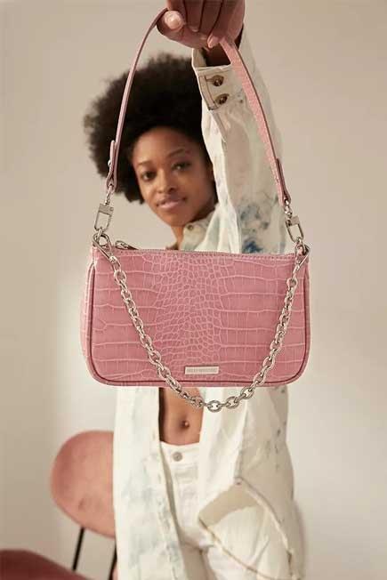 Pink UO Plate And Chain Accent Croc Shoulder Bag, Women, , large image number 0