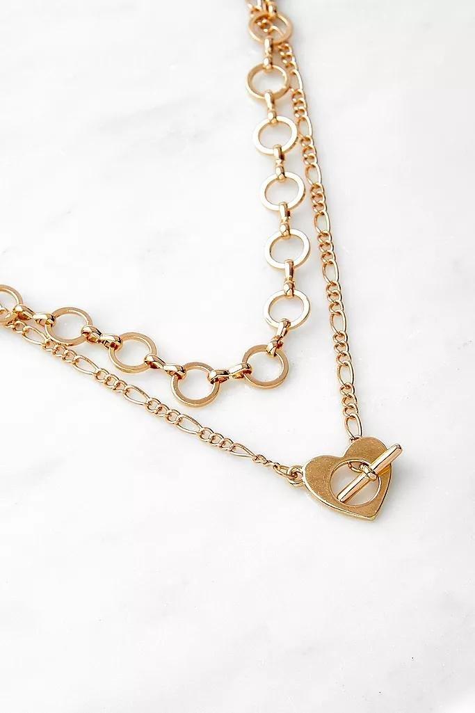 Gold-Tone Heart T-Bar Layered Necklace, Women, , large image number 1