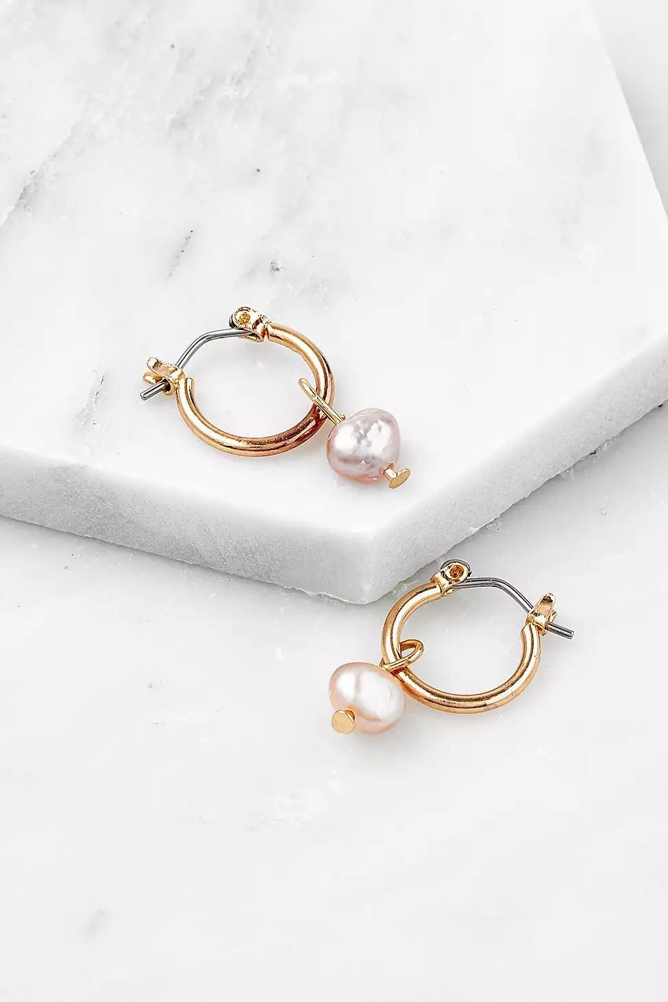 Pink Gold-Tone Pearl Dangling Hoop Earrings, Women, , large image number 1