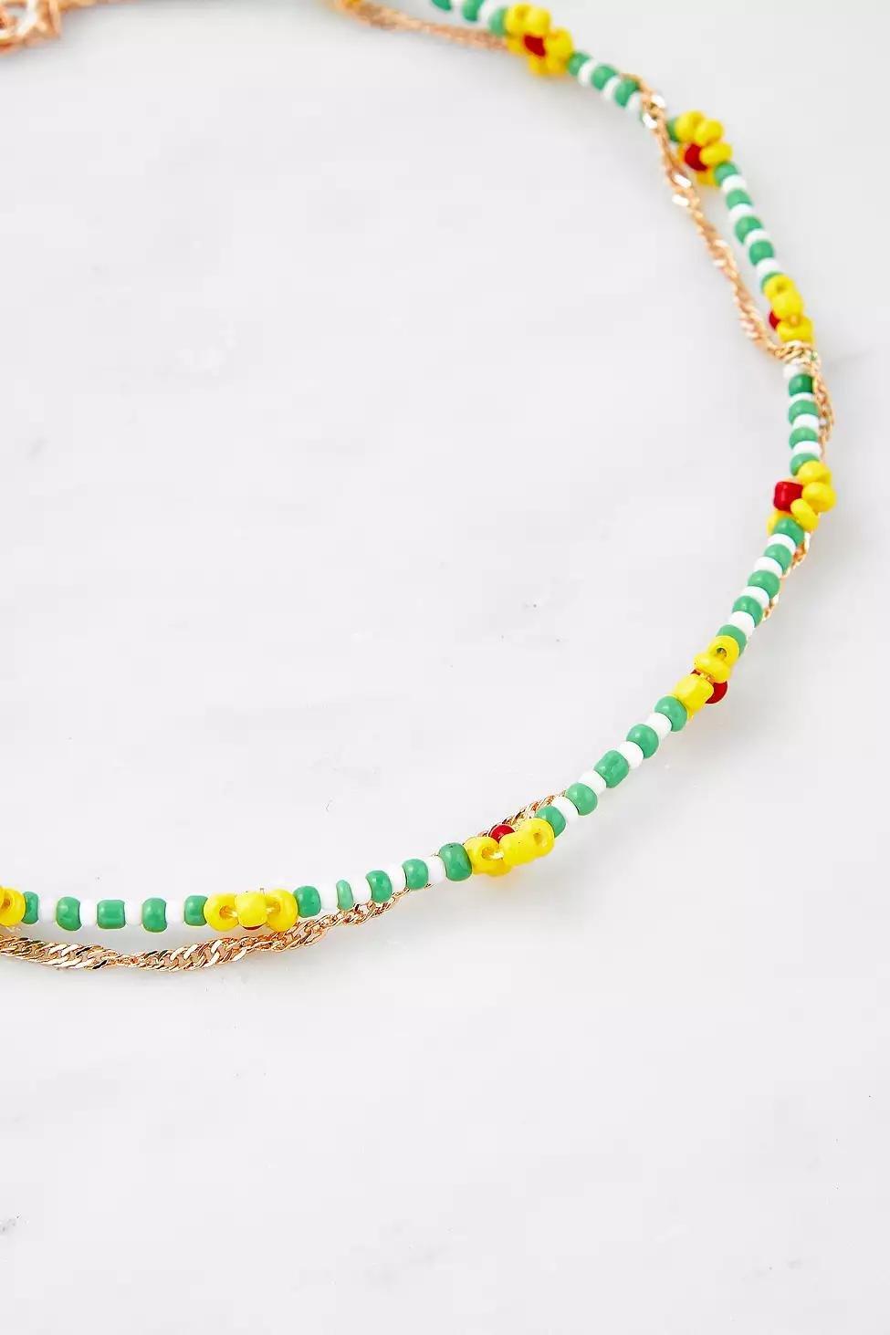 Gold Floral Bead And Chain Multilayer Necklace, Women, , large image number 1