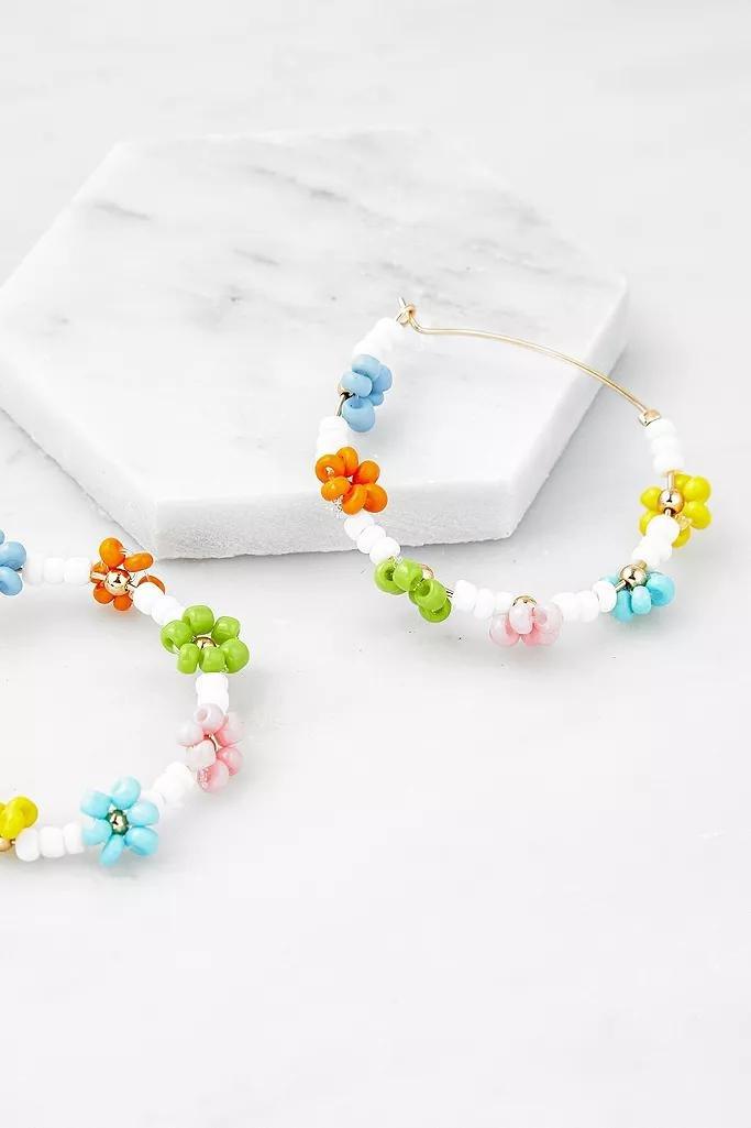Assorted Rainbow Floral Beaded Hoop Earrings, Women, , large image number 0