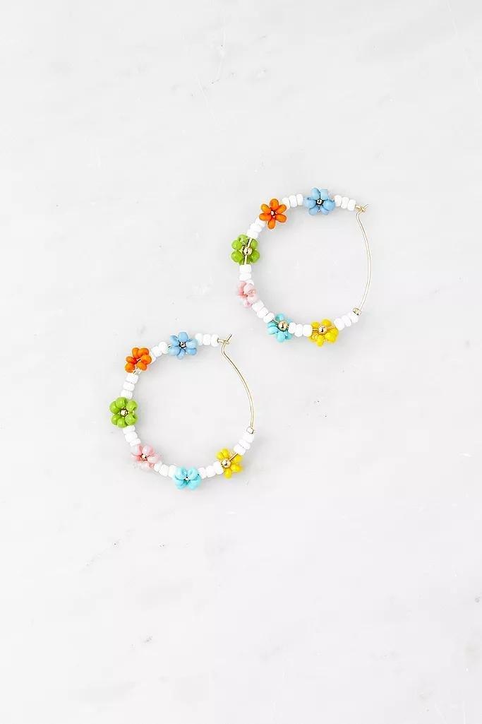 Assorted Rainbow Floral Beaded Hoop Earrings, Women, , large image number 1