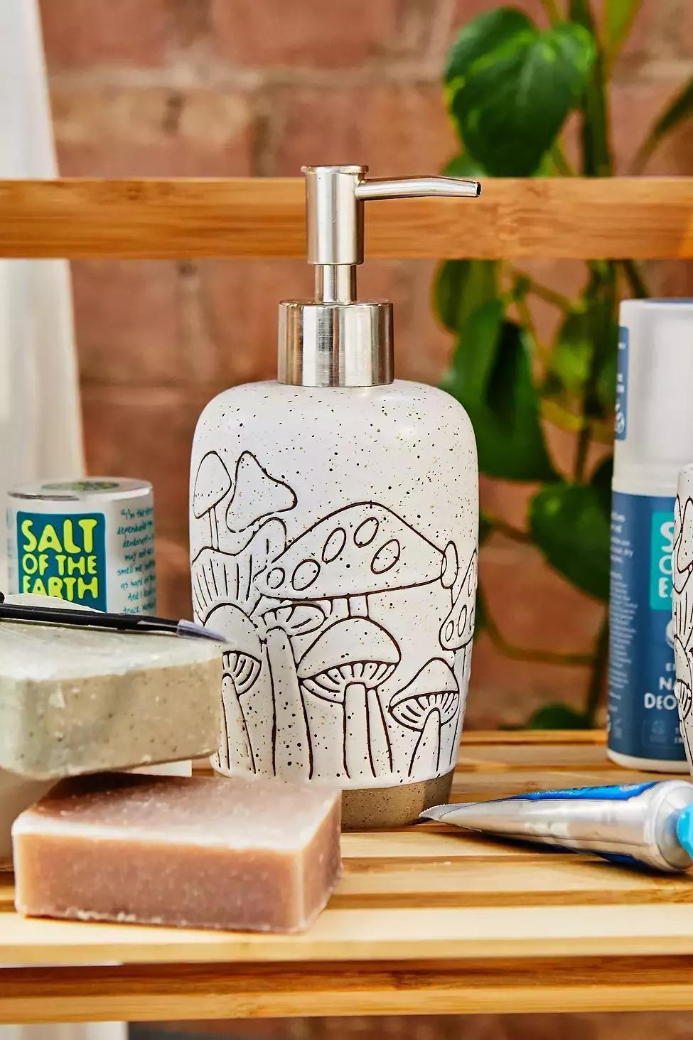 White Etched Mushroom Soap Dispenser, , large image number 0