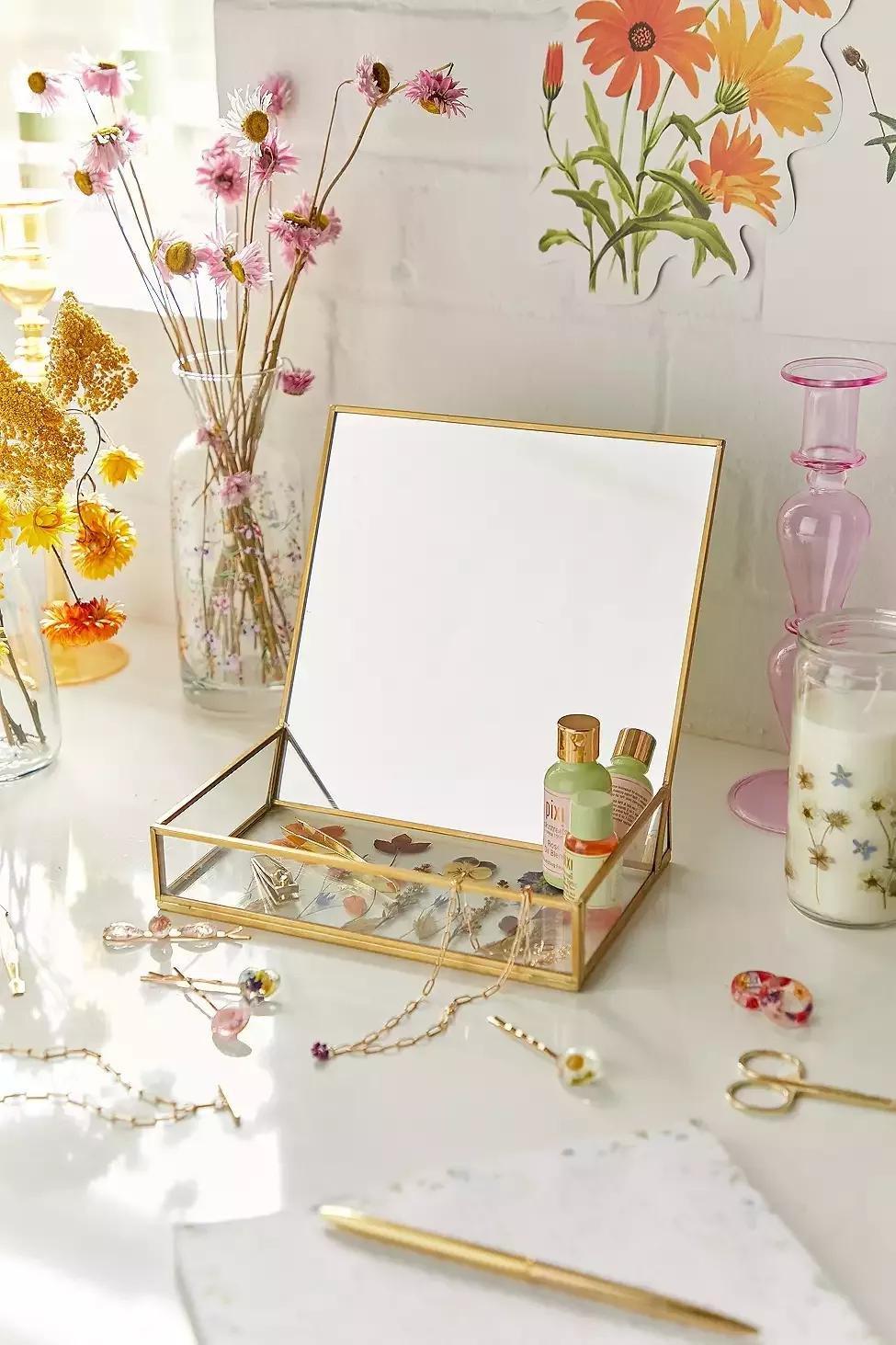 Gold Pressed Flower Mirror, , large image number 0