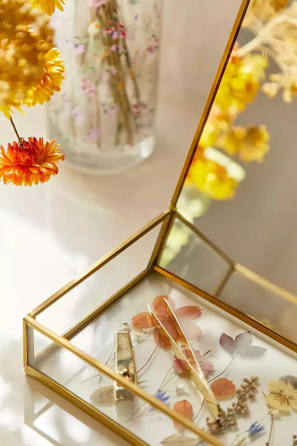 Gold Pressed Flower Mirror, , large image number 1