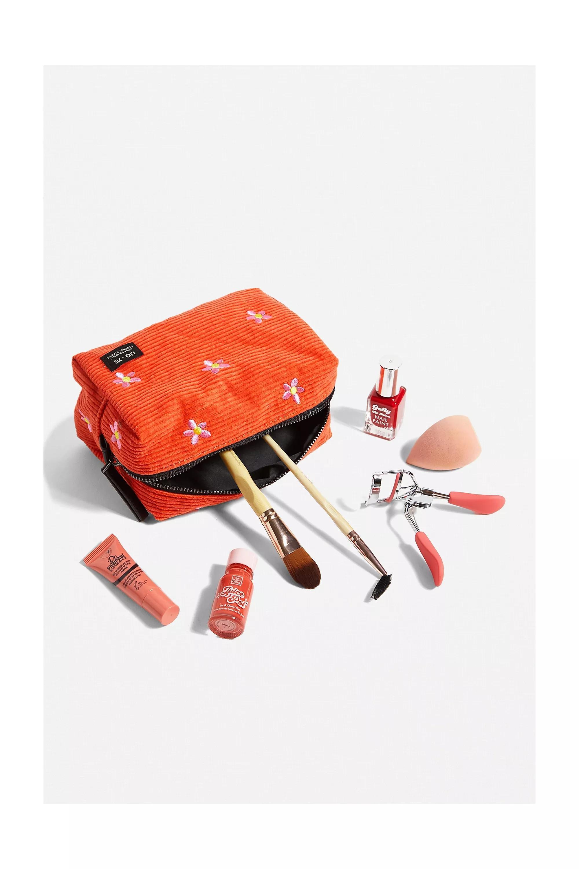 Orange Uo Novelty Embroidered Corduroy Makeup Bag, , large image number 1