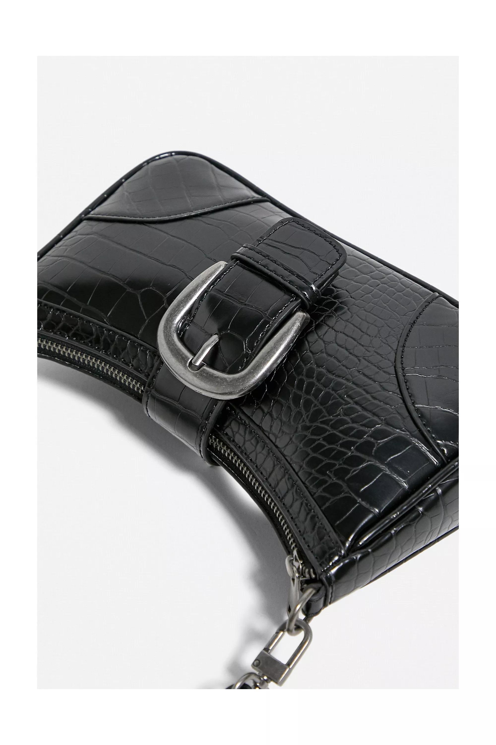 Black Uo Buckle Accent Croc Shoulder Bag, BLK, large image number 1
