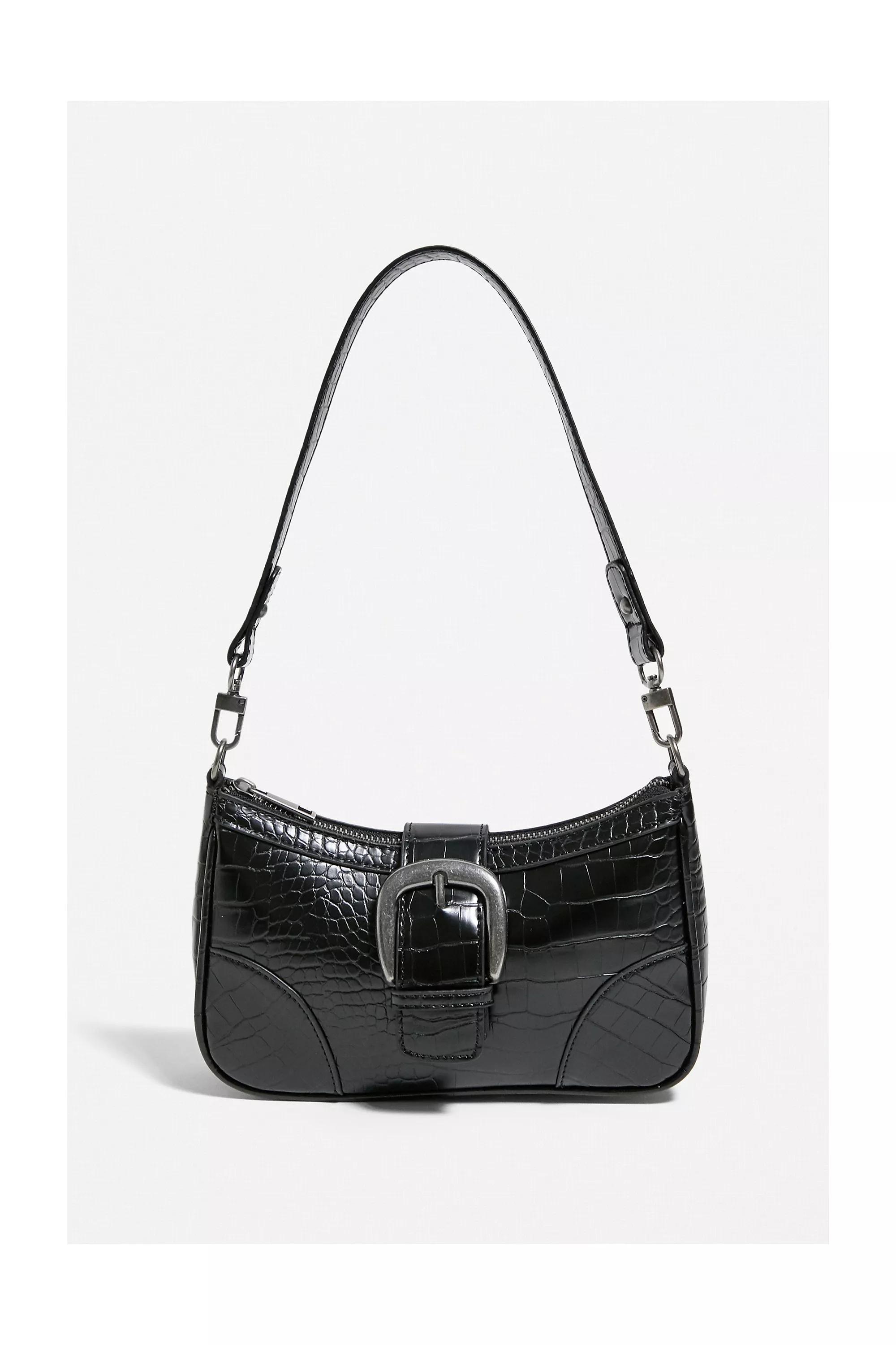 Black Uo Buckle Accent Croc Shoulder Bag, BLK, large image number 2