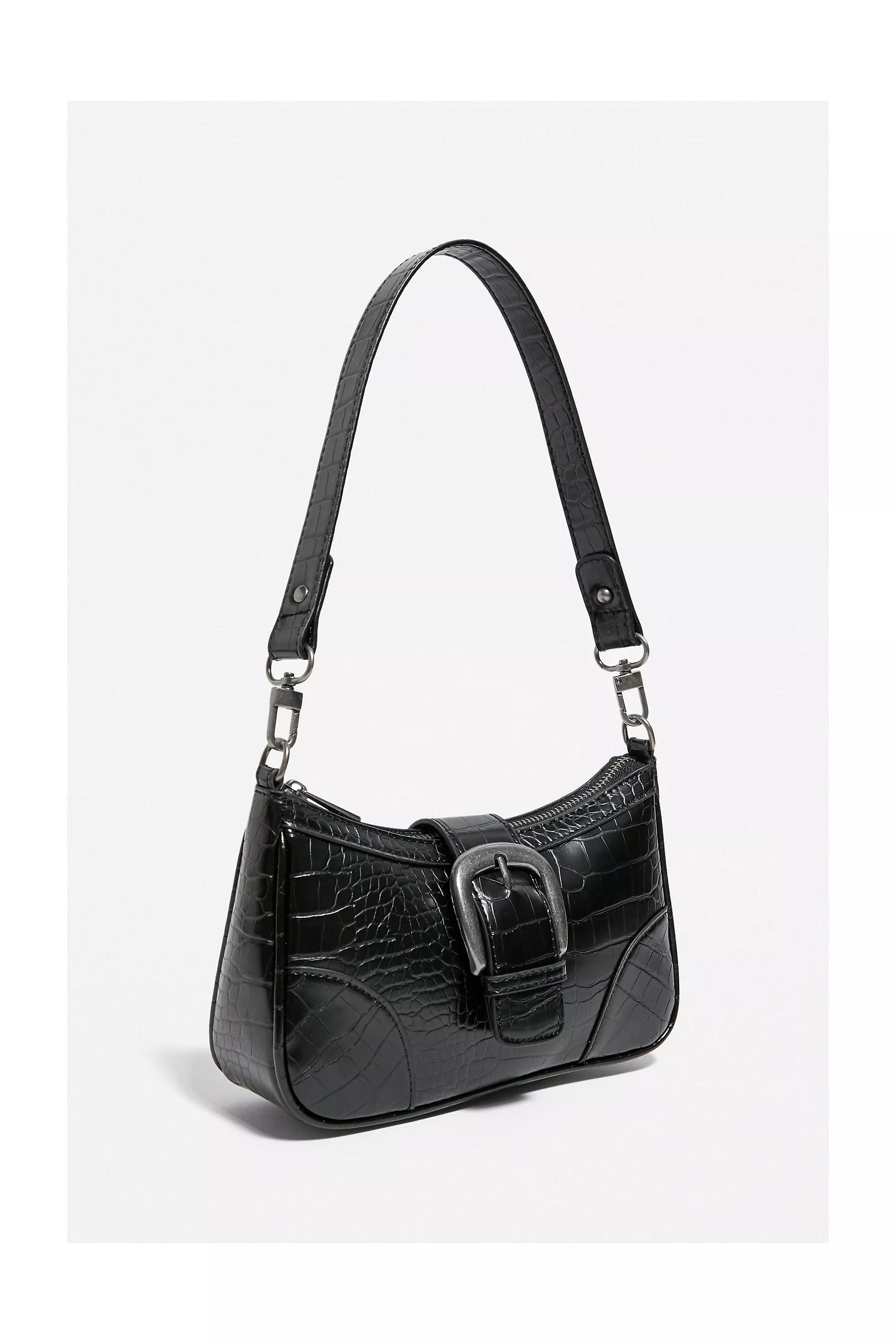 Black Uo Buckle Accent Croc Shoulder Bag, BLK, large image number 3