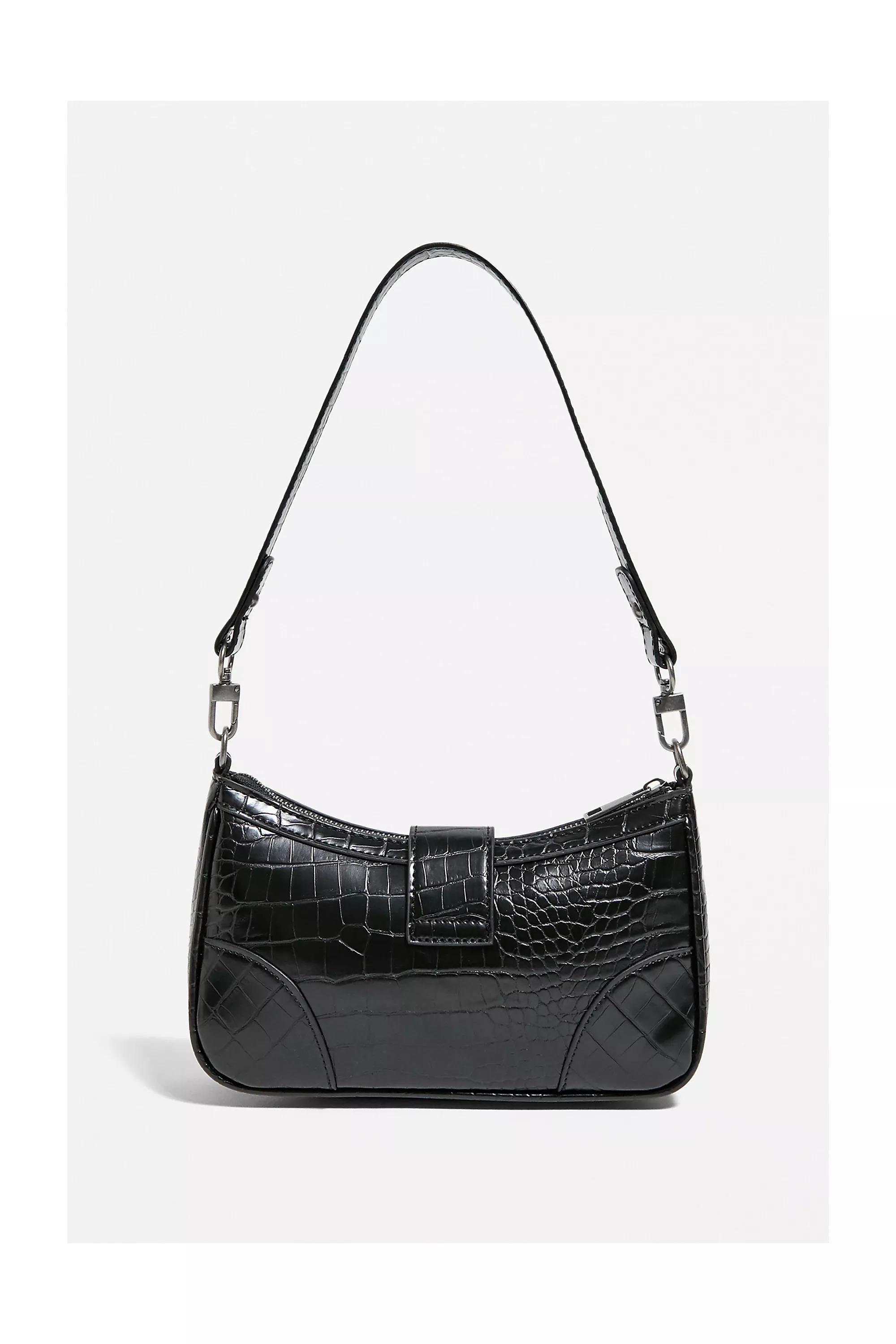 Black Uo Buckle Accent Croc Shoulder Bag, BLK, large image number 4