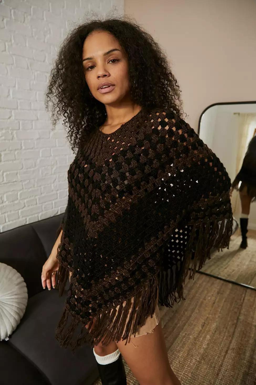 Black/Brown UO Striped Woven Poncho, , large image number 0