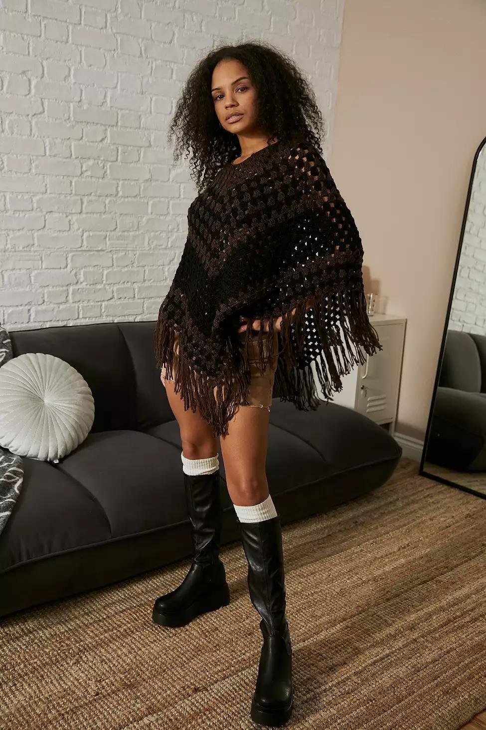 Black/Brown UO Striped Woven Poncho, , large image number 3