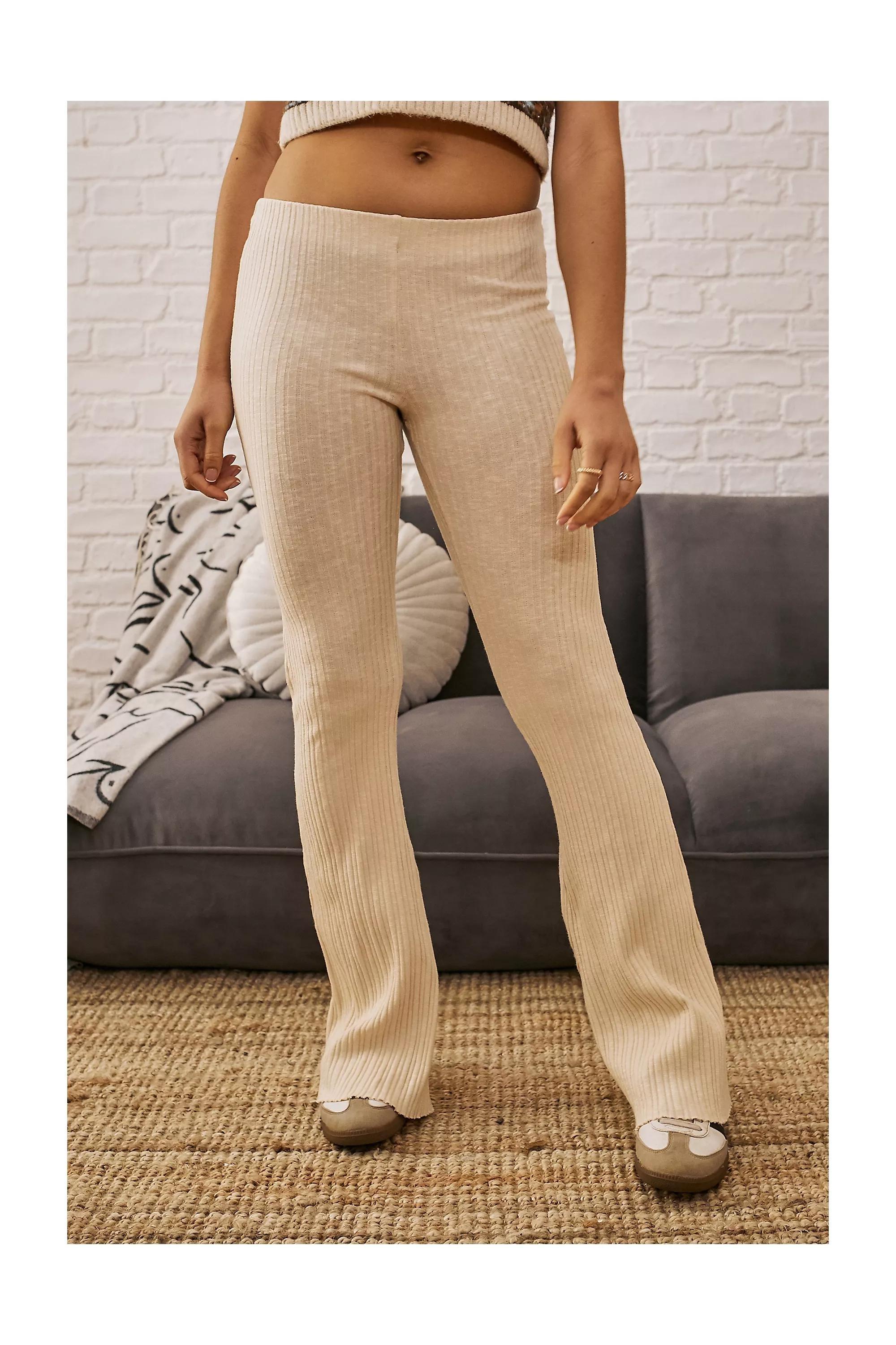 Cream Uo Rosie Ribbed Flared Trousers, , large image number 0