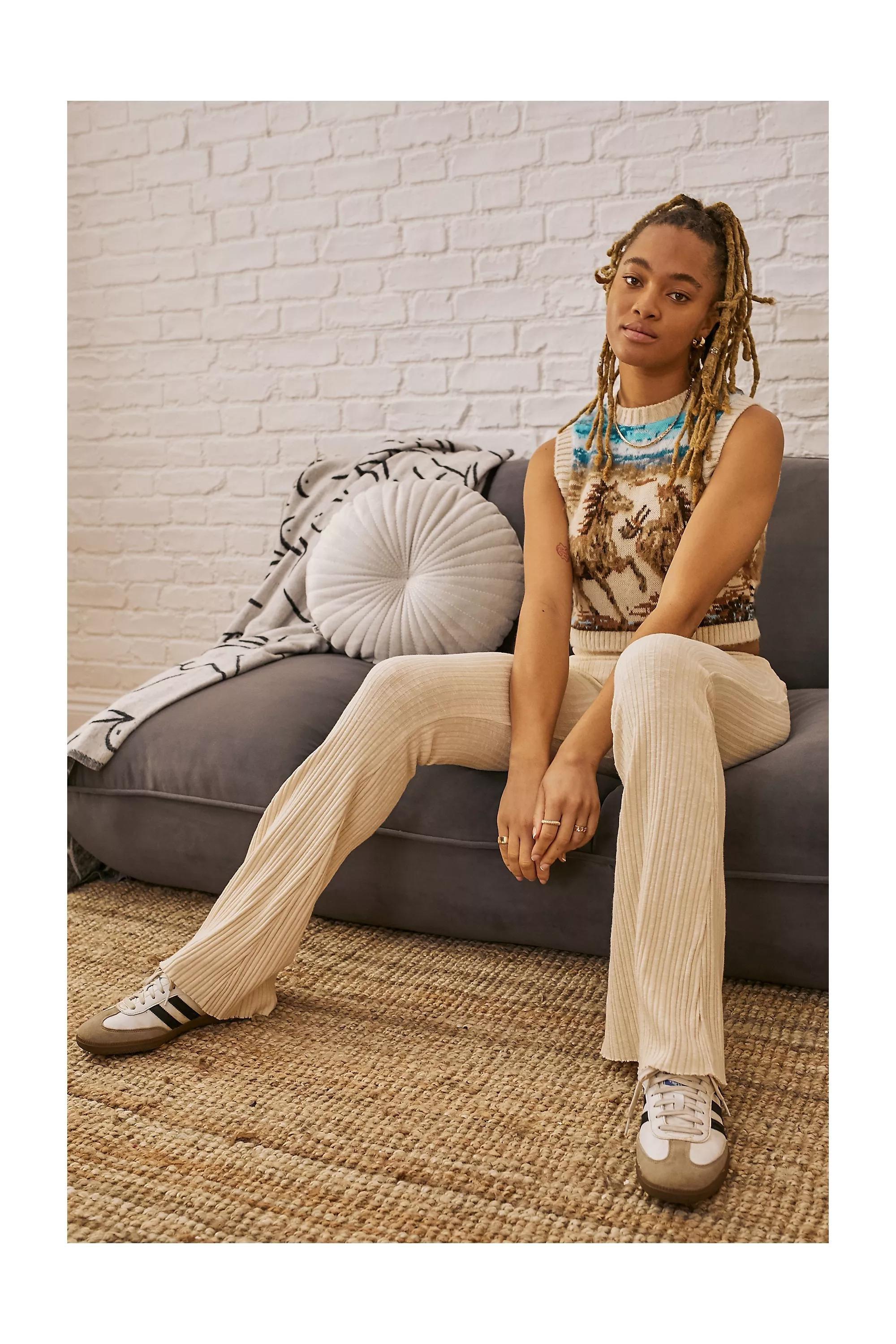 Cream Uo Rosie Ribbed Flared Trousers, , large image number 1
