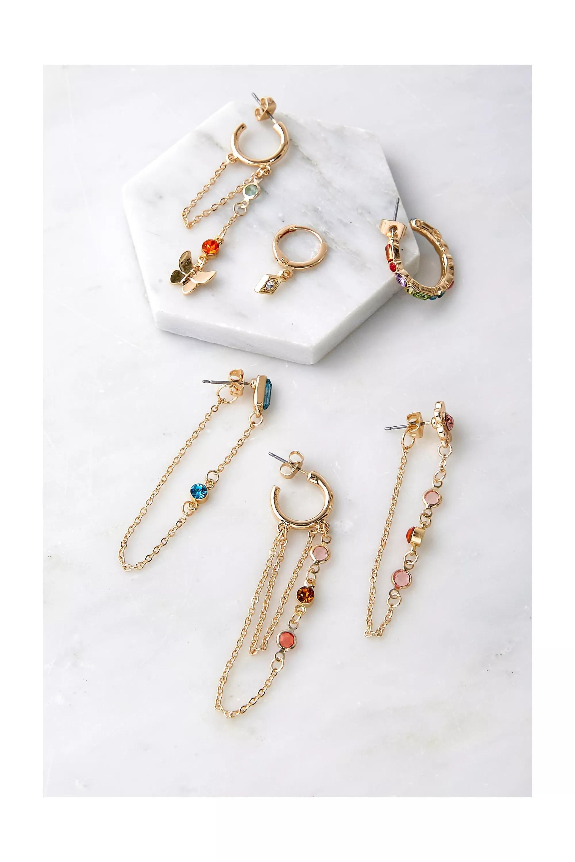 Gold Earrings With Gemstones, Set Of 6, , large image number 1