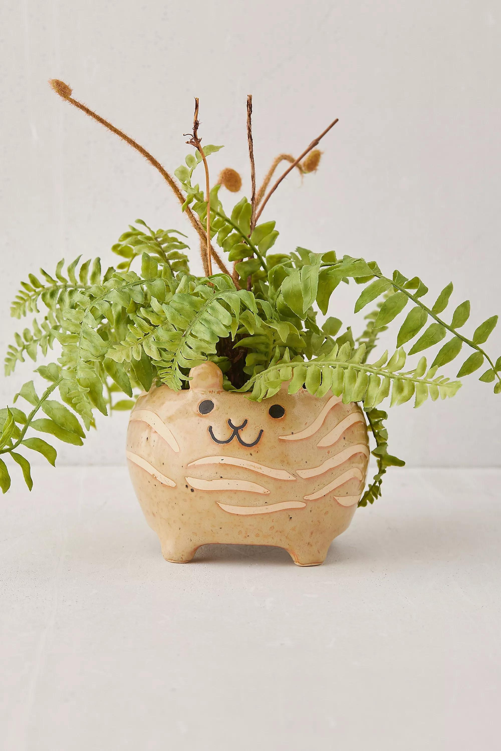 Brown Ceramic Cat Planter, , large image number 0