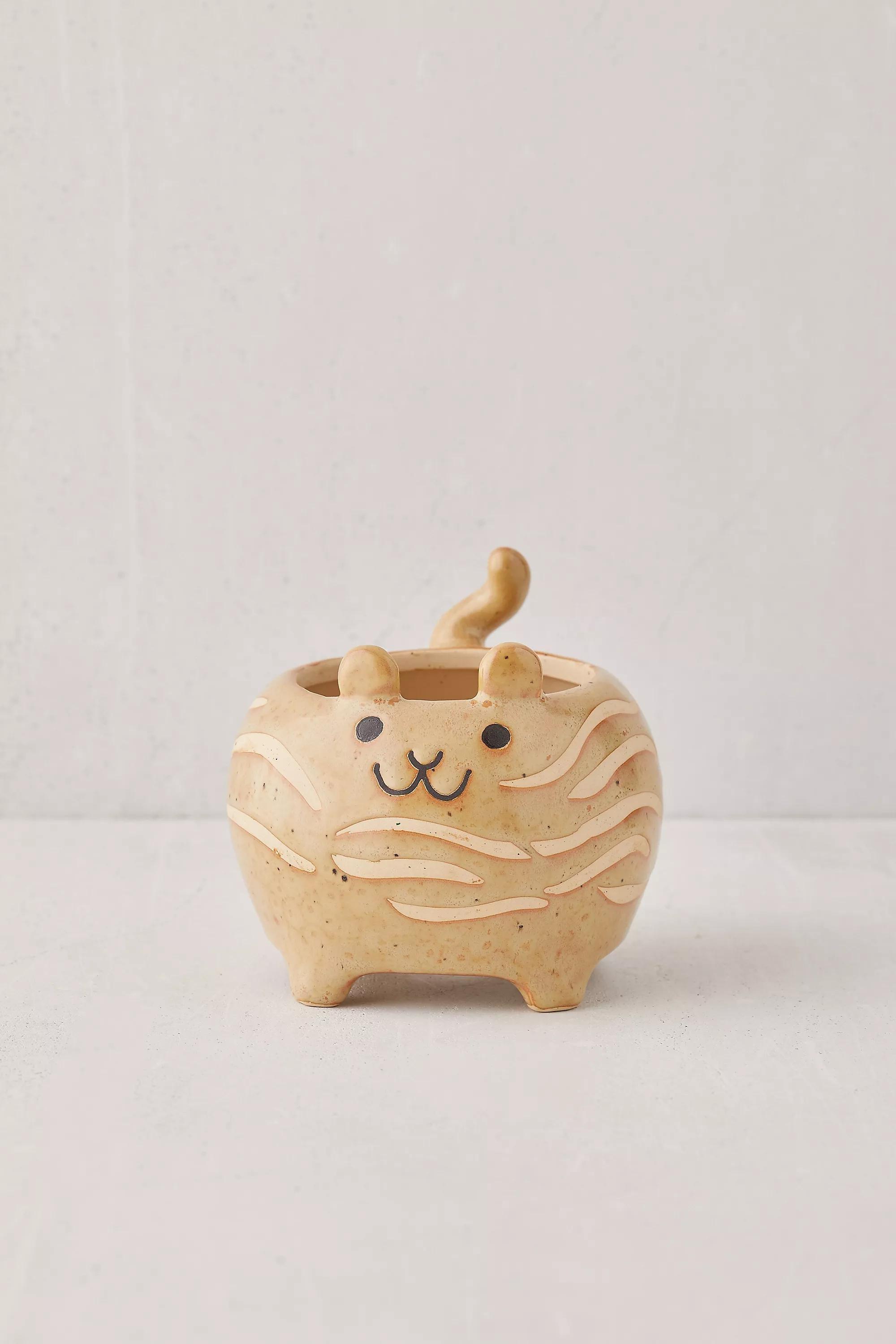 Brown Ceramic Cat Planter, , large image number 1