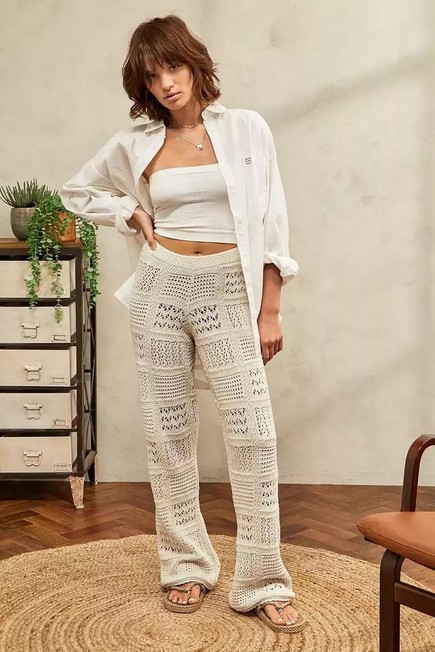 Urban Outfitters - CREME UO Patchwork Knitted Flare Trousers