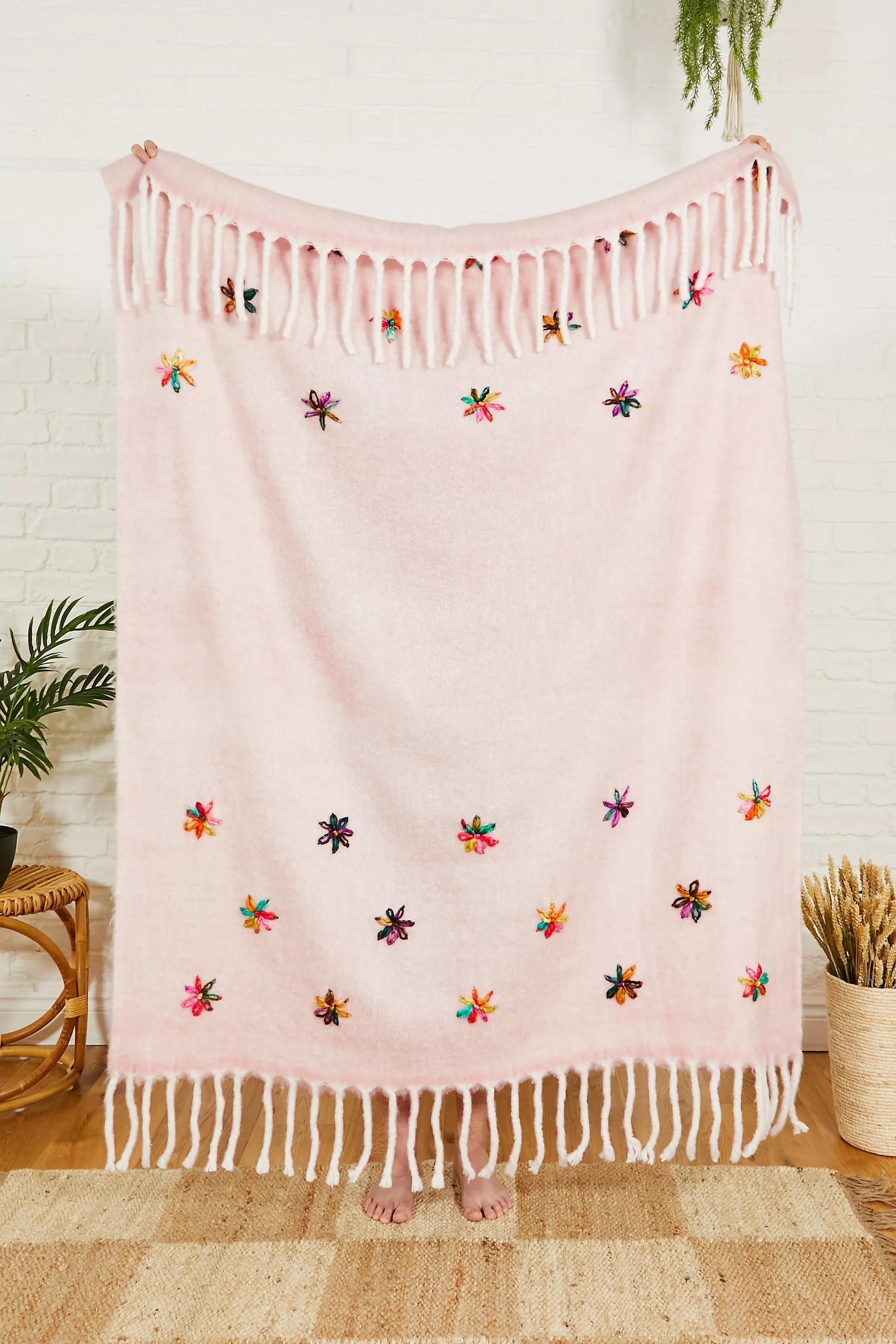 Pink Floral Throw Blanket, PINK, large image number 0