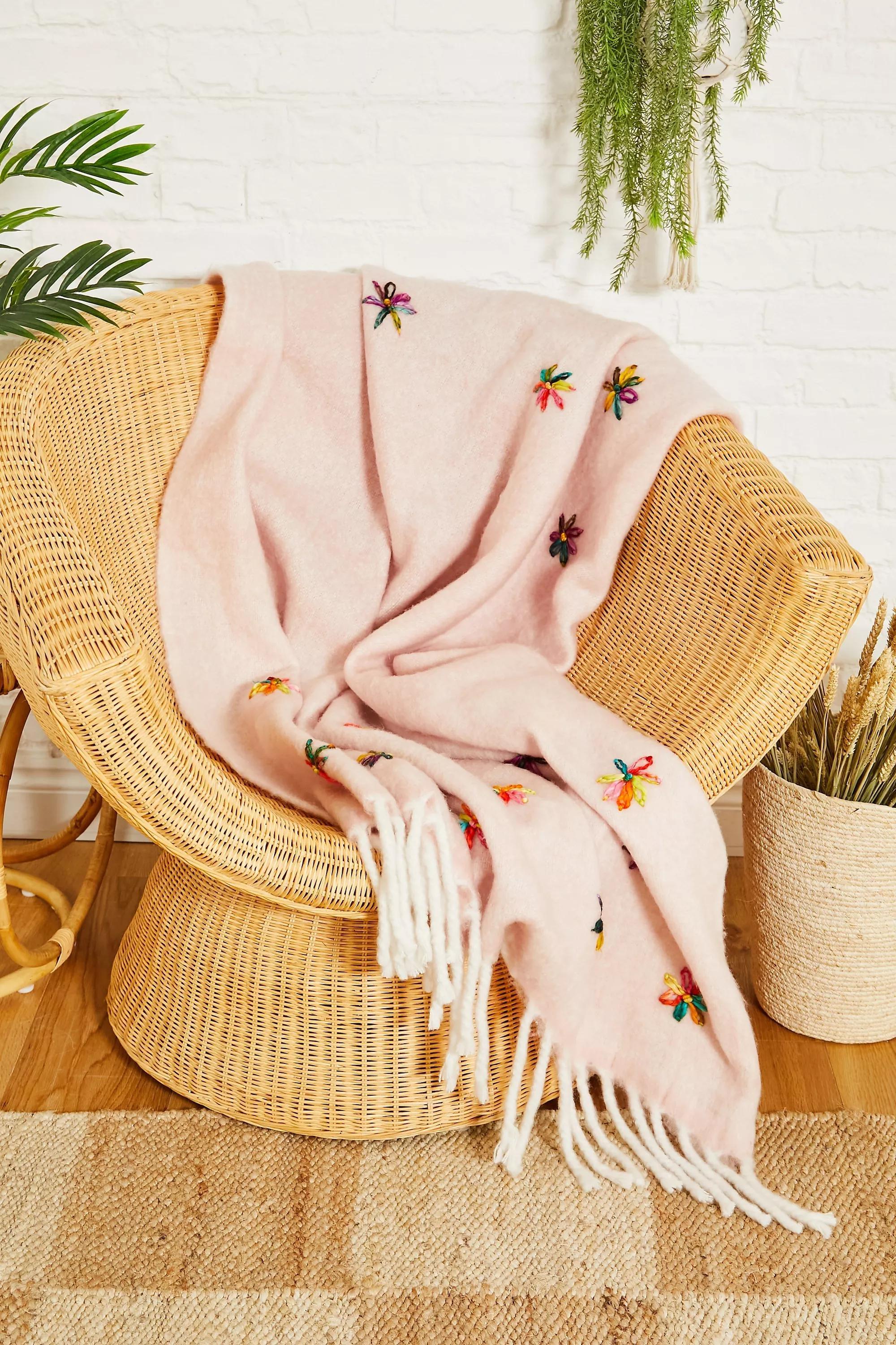Pink Floral Throw Blanket, PINK, large image number 1