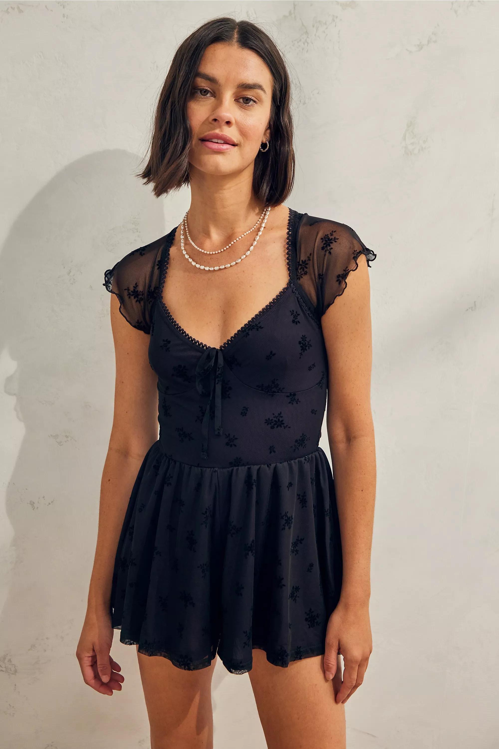 Black Uo Milly Flocked Mesh Playsuit, , large image number 0