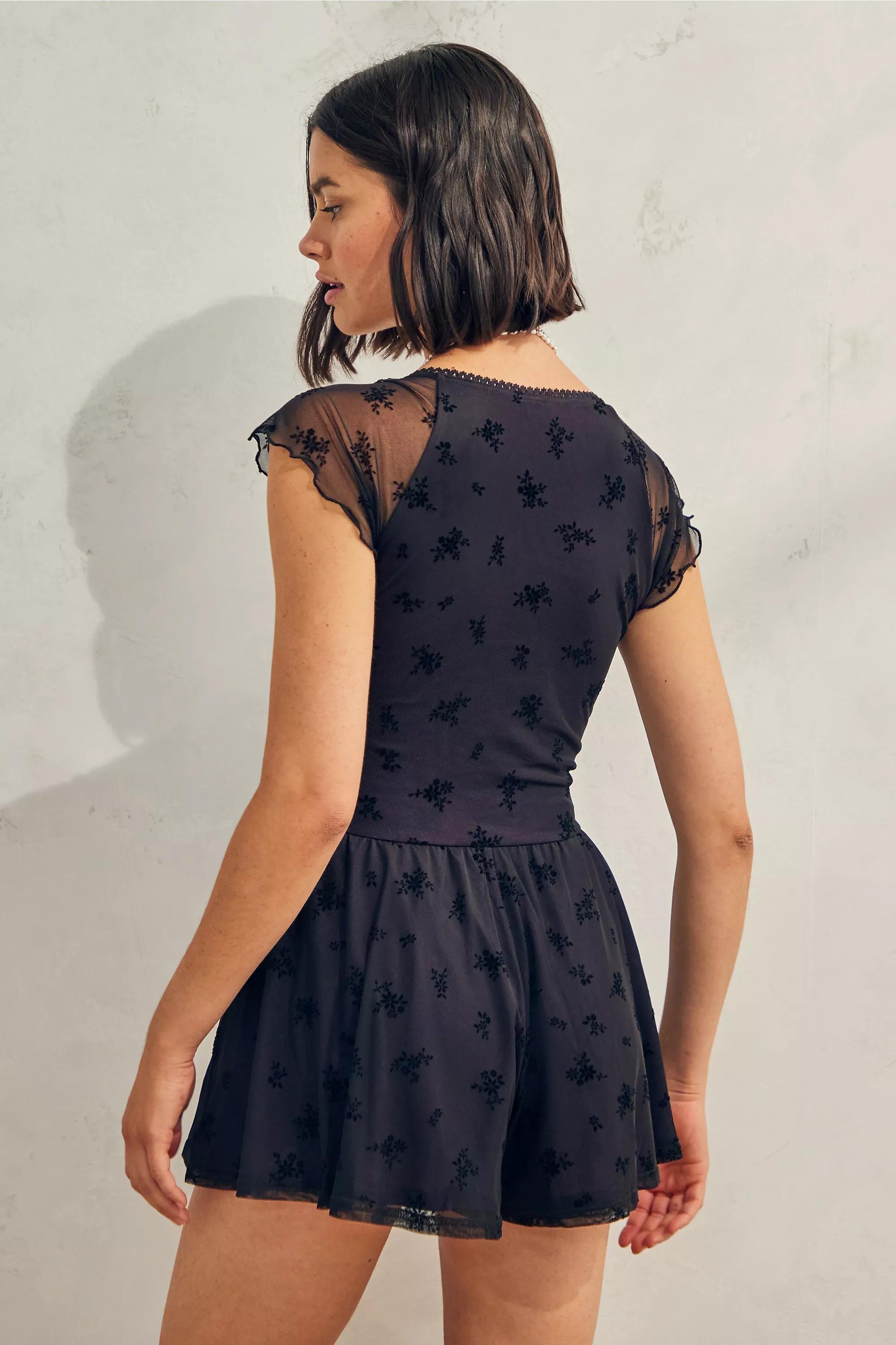 Black Uo Milly Flocked Mesh Playsuit, , large image number 3