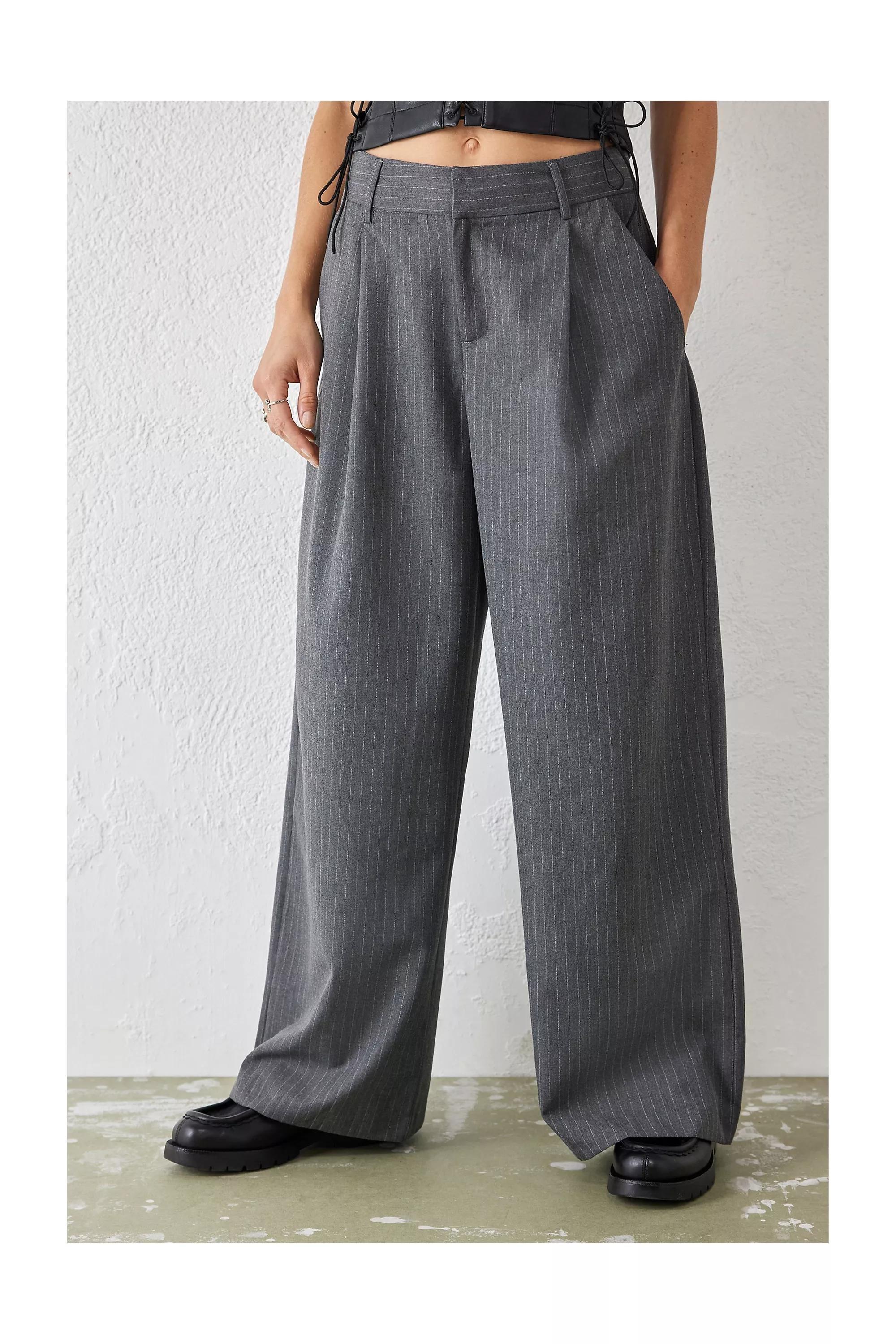 Grey Pinstripe Belted Wide Leg Trousers