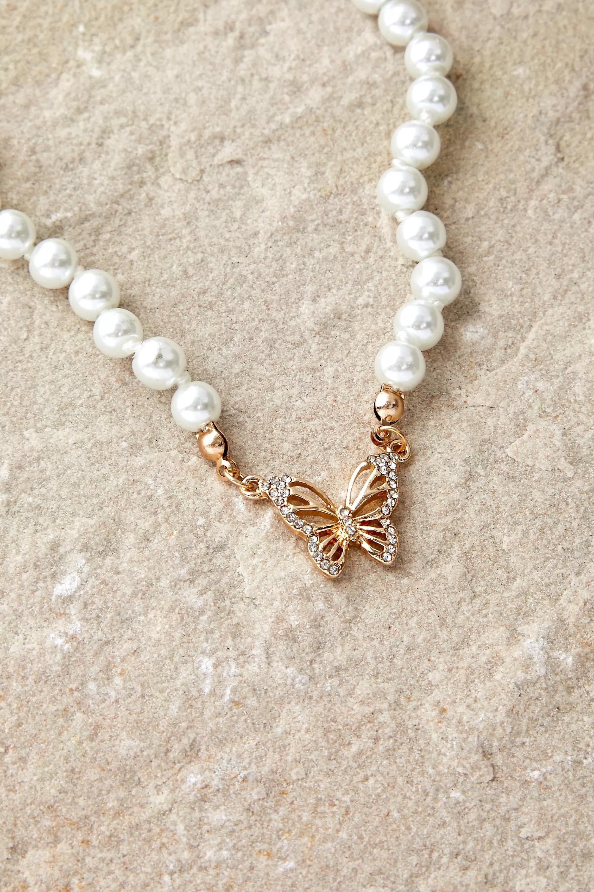 Cream Butterfly Pearl Choker Necklace, , large image number 0
