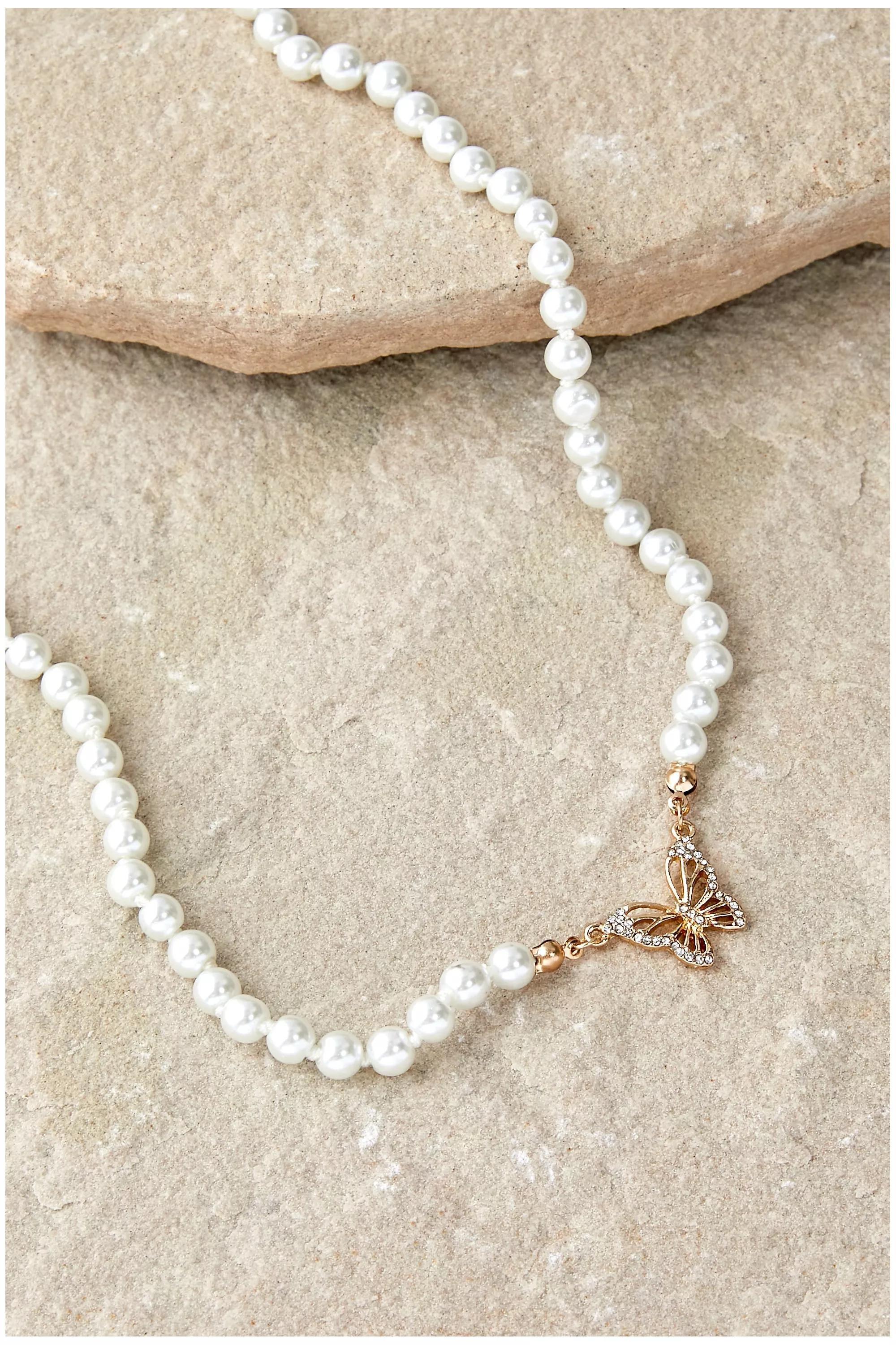 Cream Butterfly Pearl Choker Necklace, , large image number 2