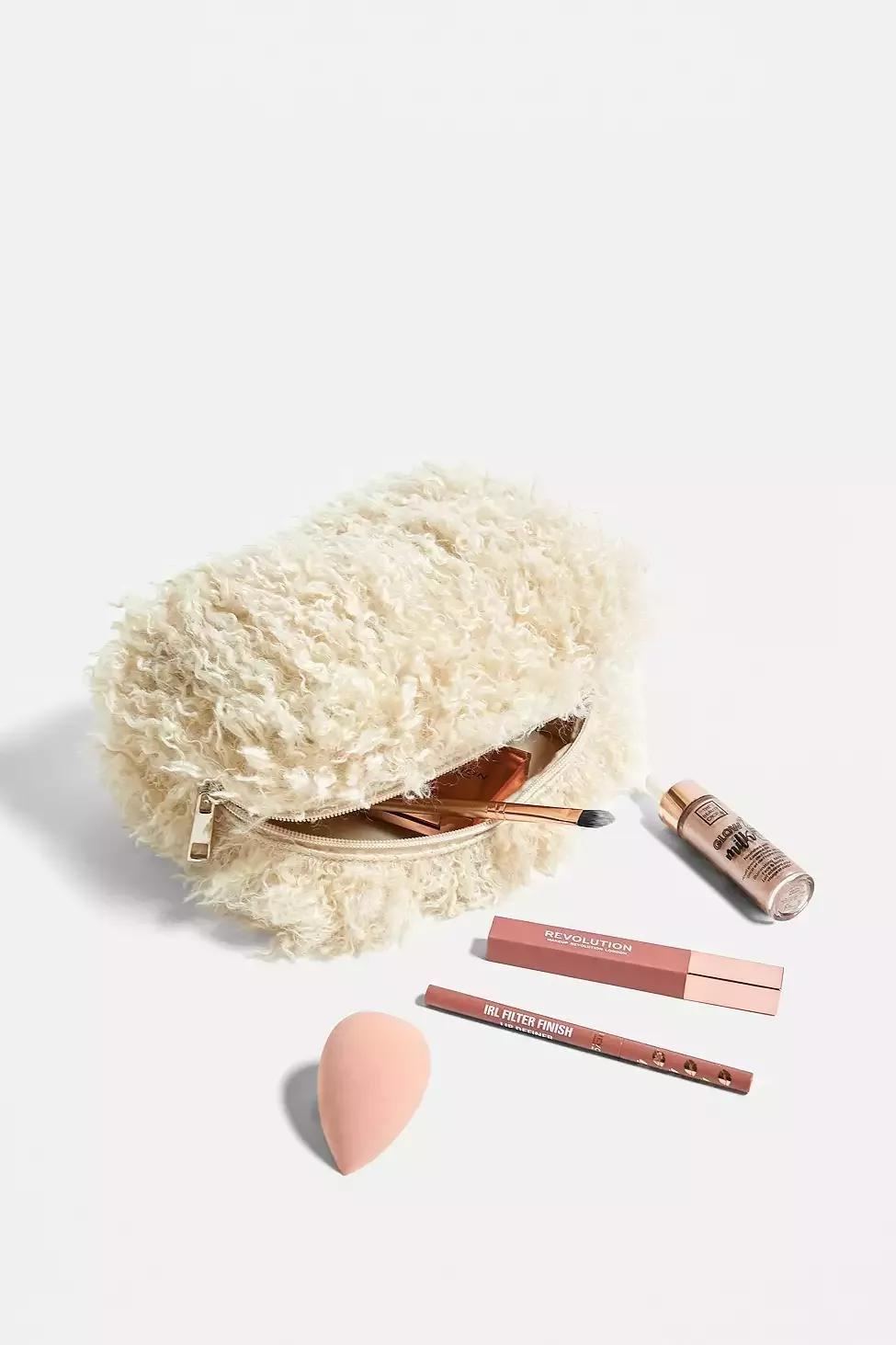 Cream Fluffy Borg Makeup Bag, , large image number 1