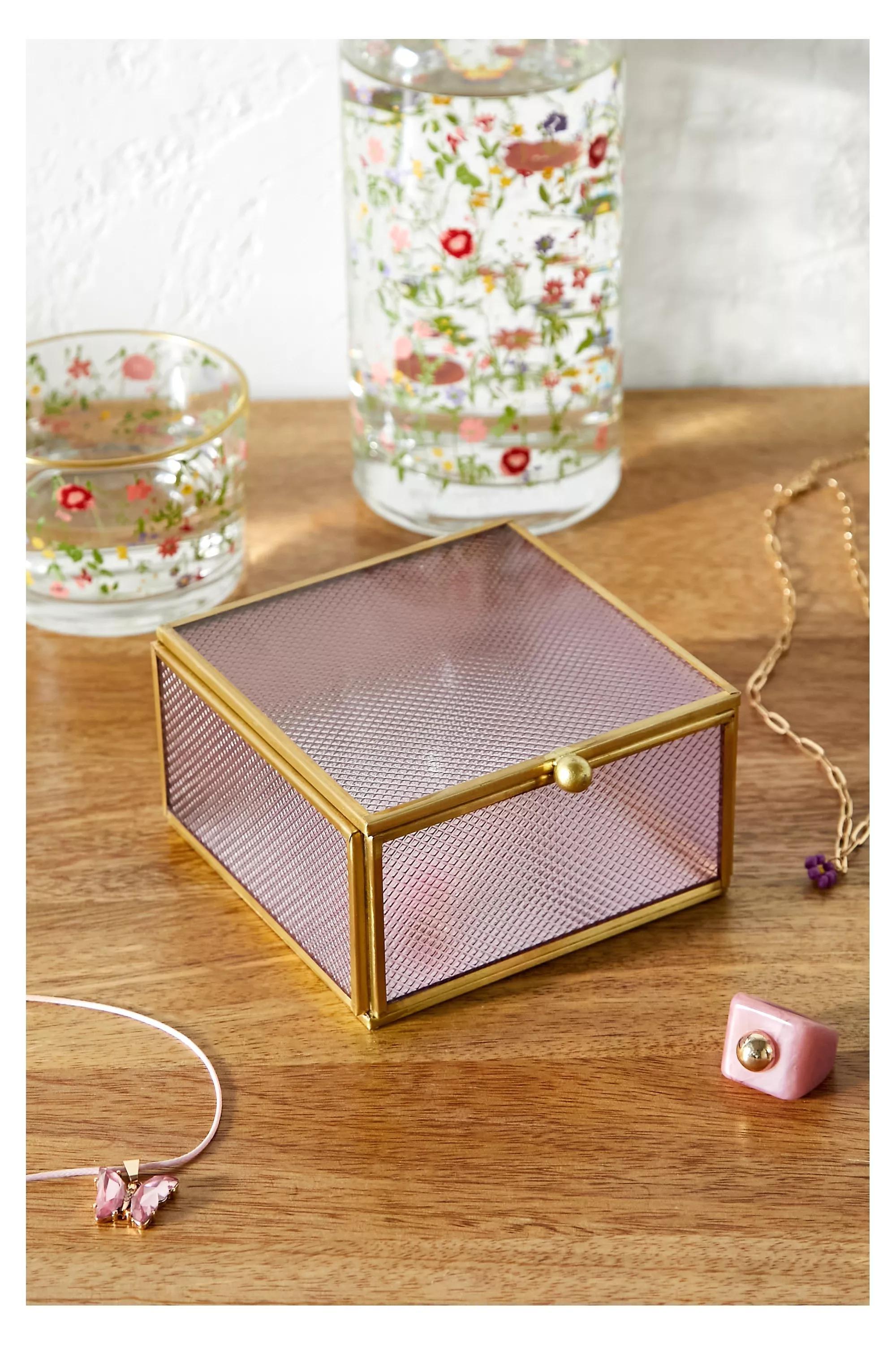 Pink Textured Rose Glass Jewellery Box, , large image number 0