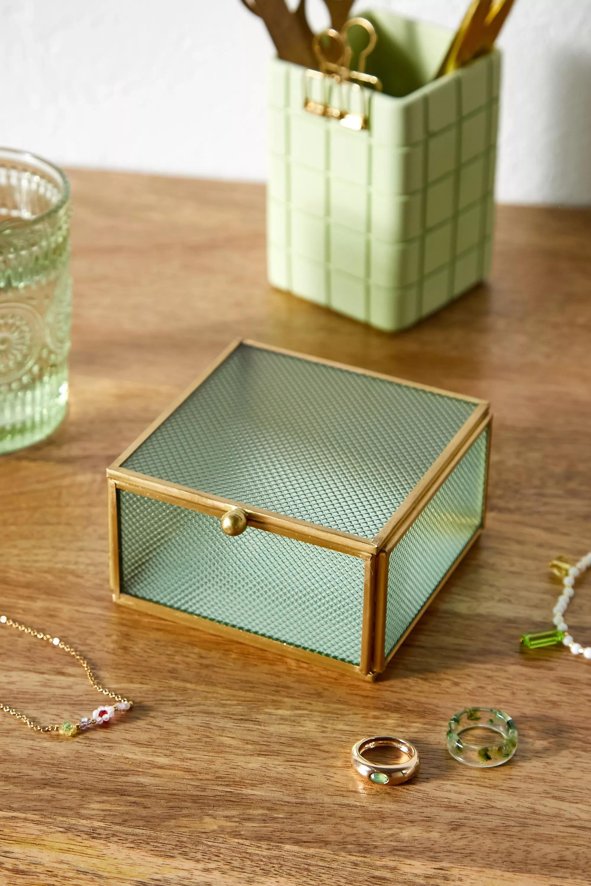 Green Textured Glass Jewellery Box, , large image number 0