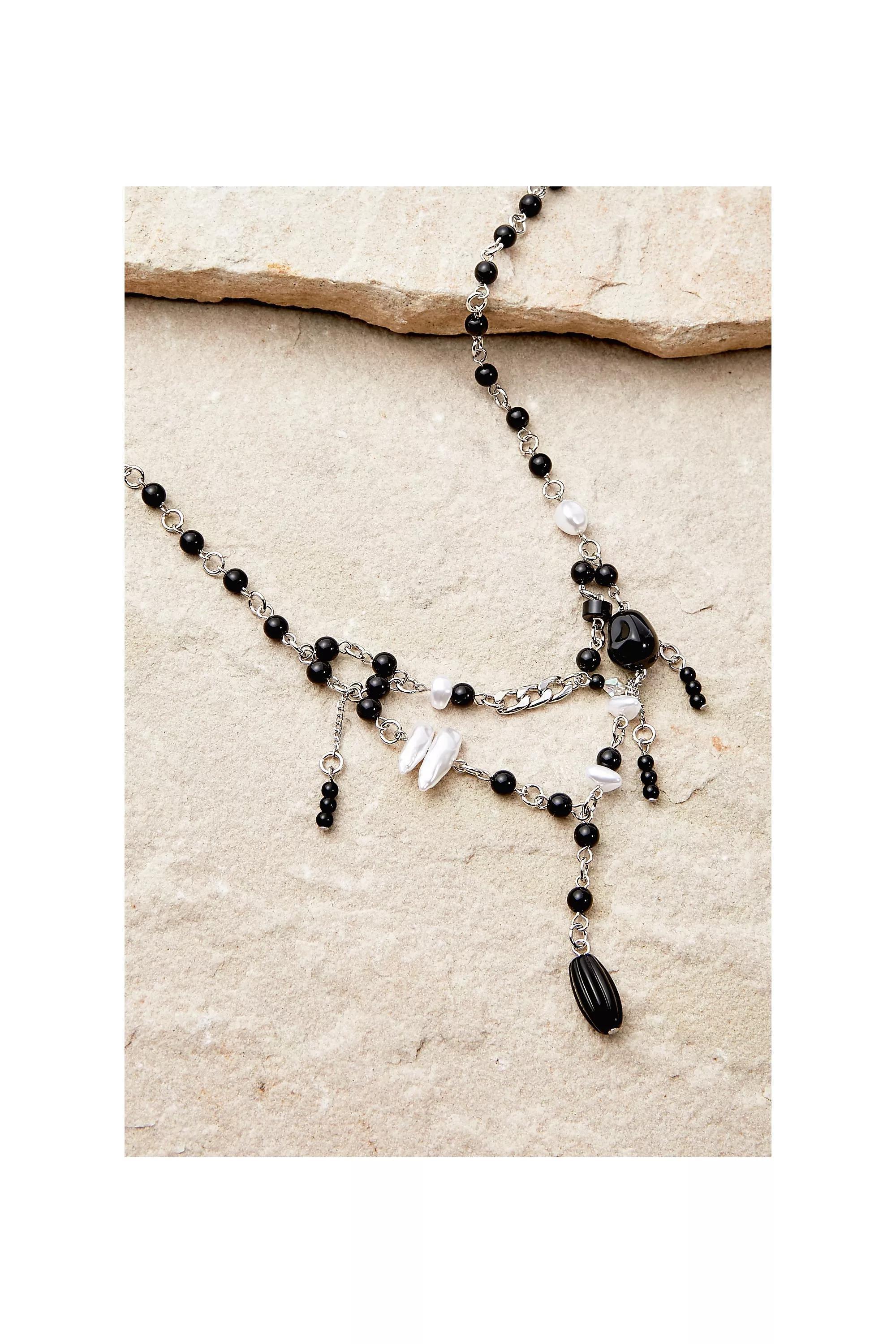 Black Bead And Pearl Multilayer Necklace, , large image number 0