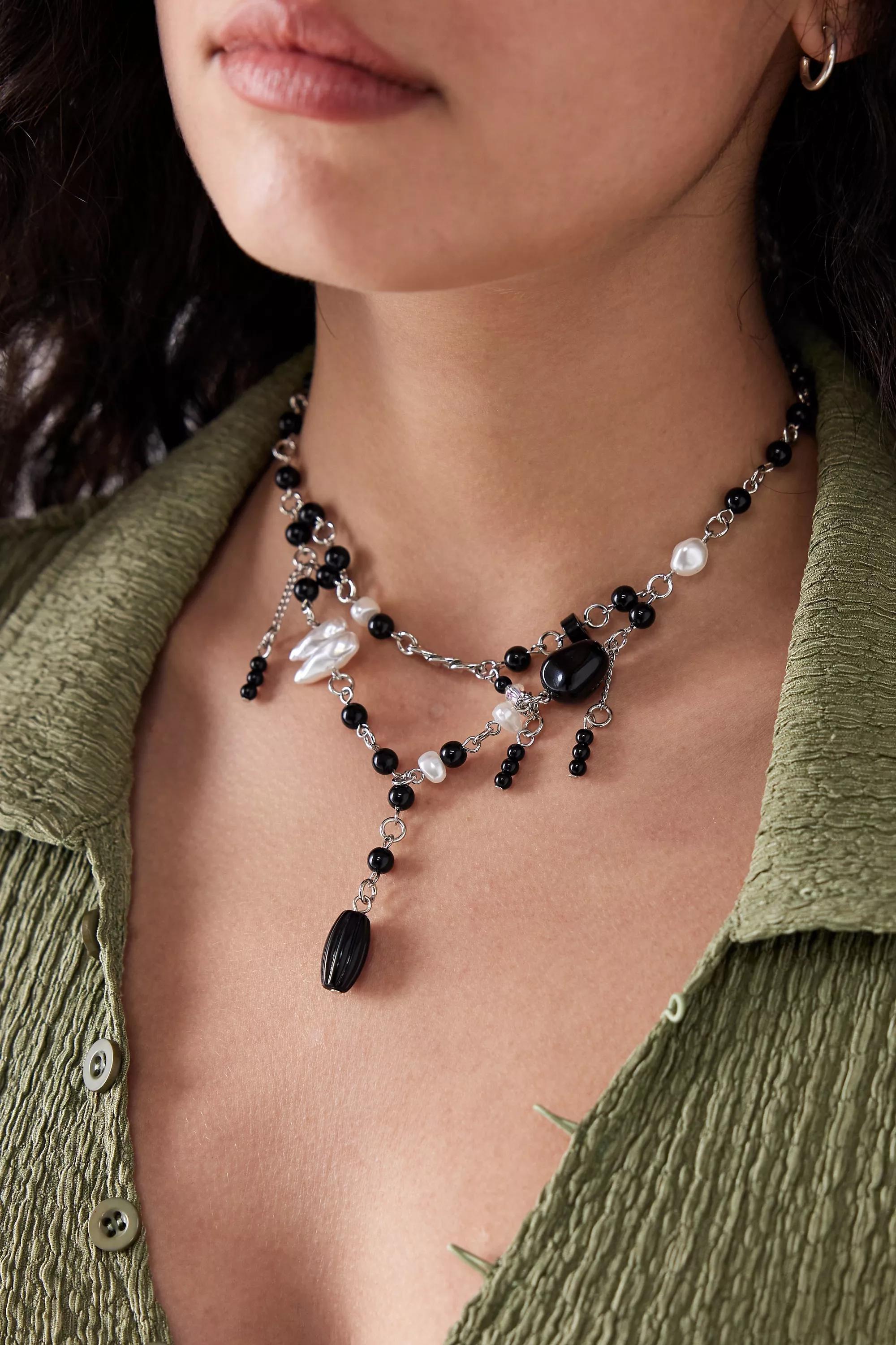 Black Bead And Pearl Multilayer Necklace, , large image number 1